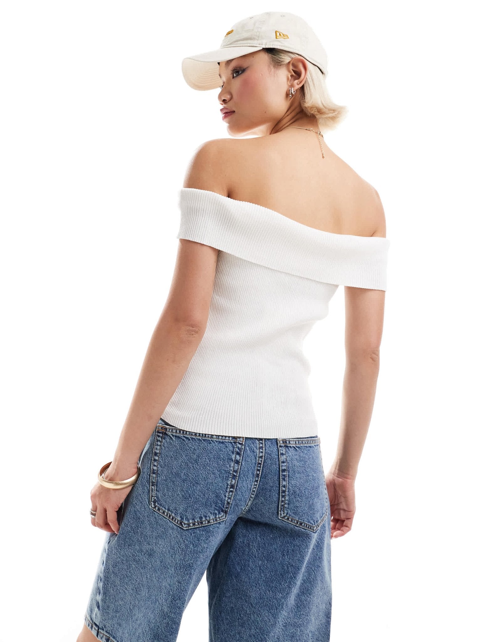 Monki rib knit off shoulder foldover in white - ASOS Sample Sale EU Store
