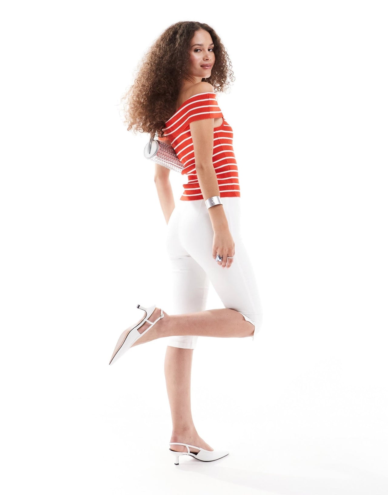 Monki ribbed knitted off the shoulder bardot top in red and white stripe - ASOS Sample Sale EU Store