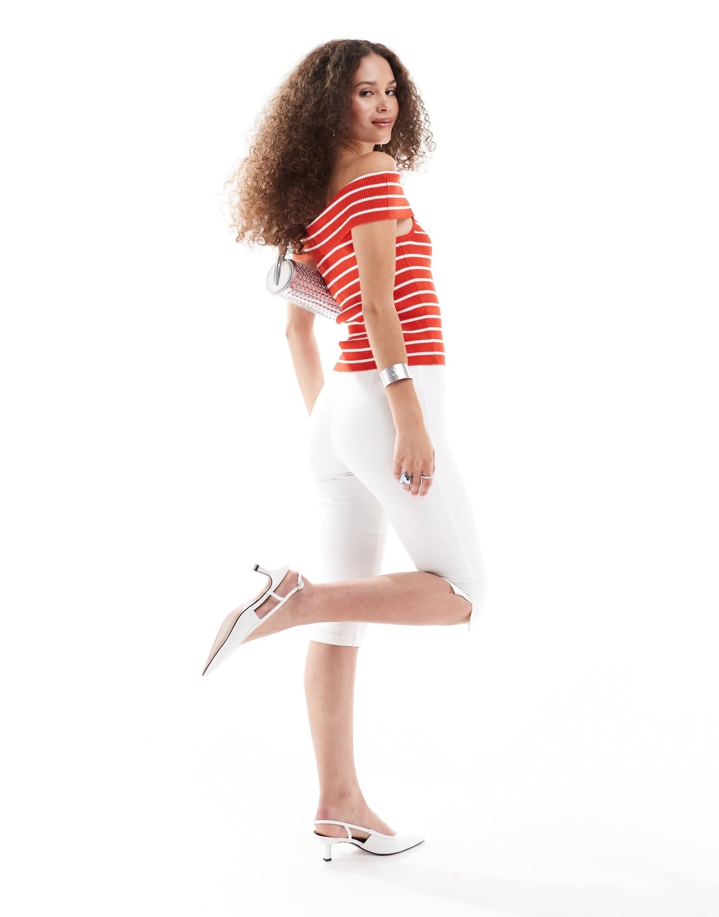 Monki ribbed knitted off the shoulder bardot top in red and white stripe - ASOS Sample Sale EU Store