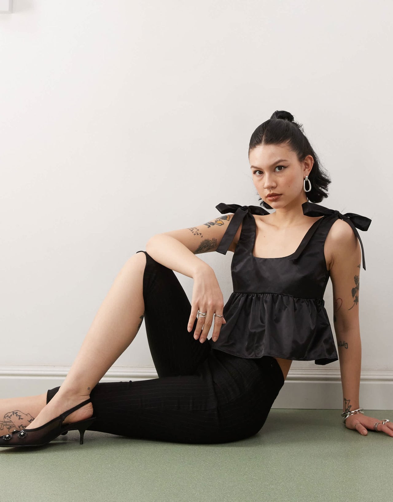 Monki satin peplum vest with bow strap detail in black - ASOS Sample Sale EU Store