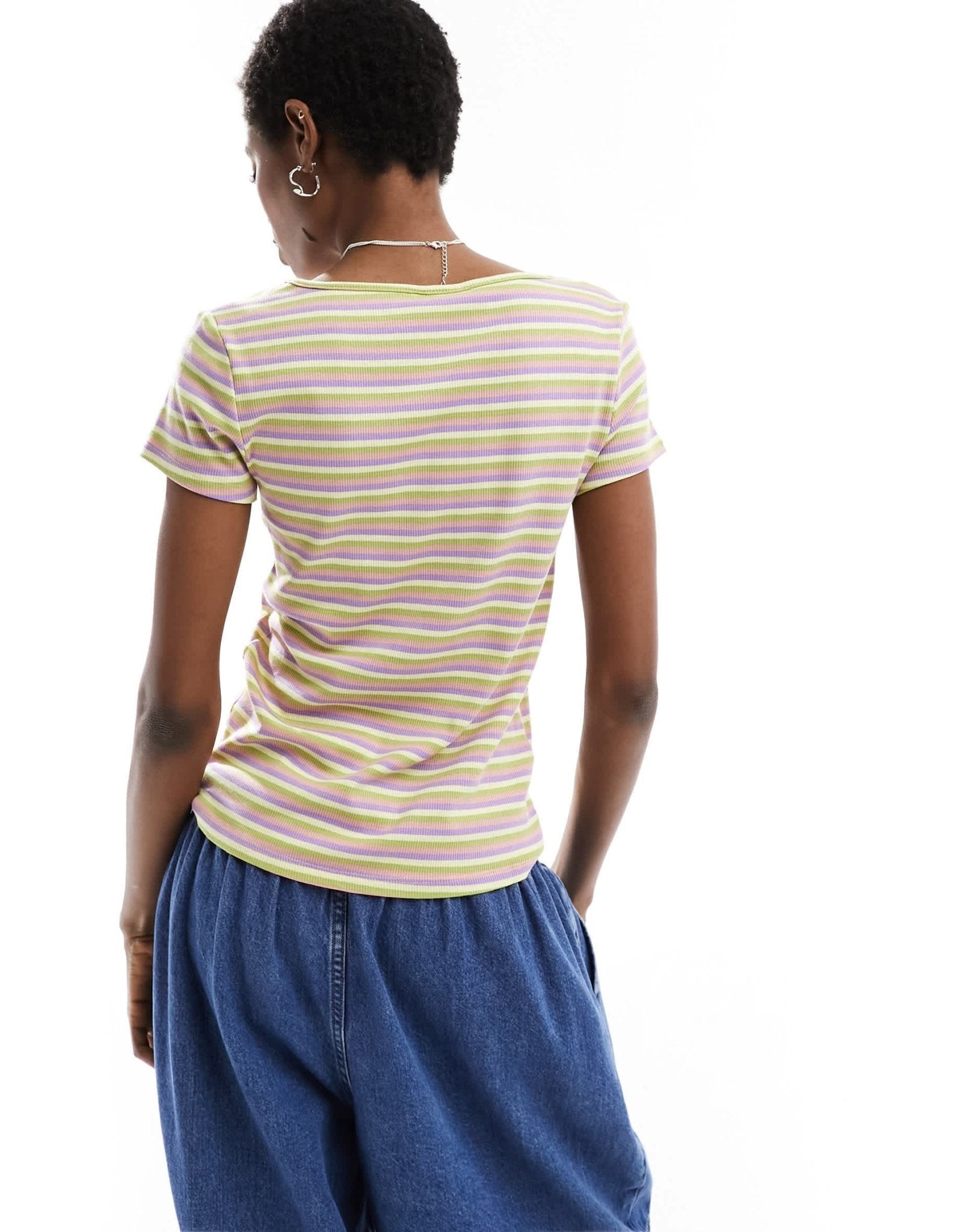 Monki short sleeve fitted top with scoop neck in multi stripes - ASOS Sample Sale EU Store
