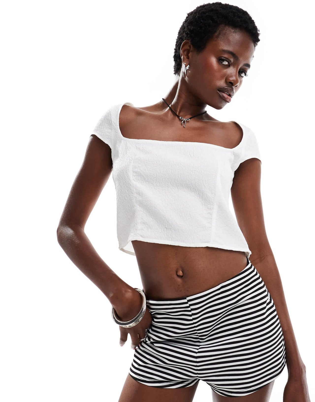 Monki short sleeve square neck with open back top in off white - ASOS Sample Sale EU Store