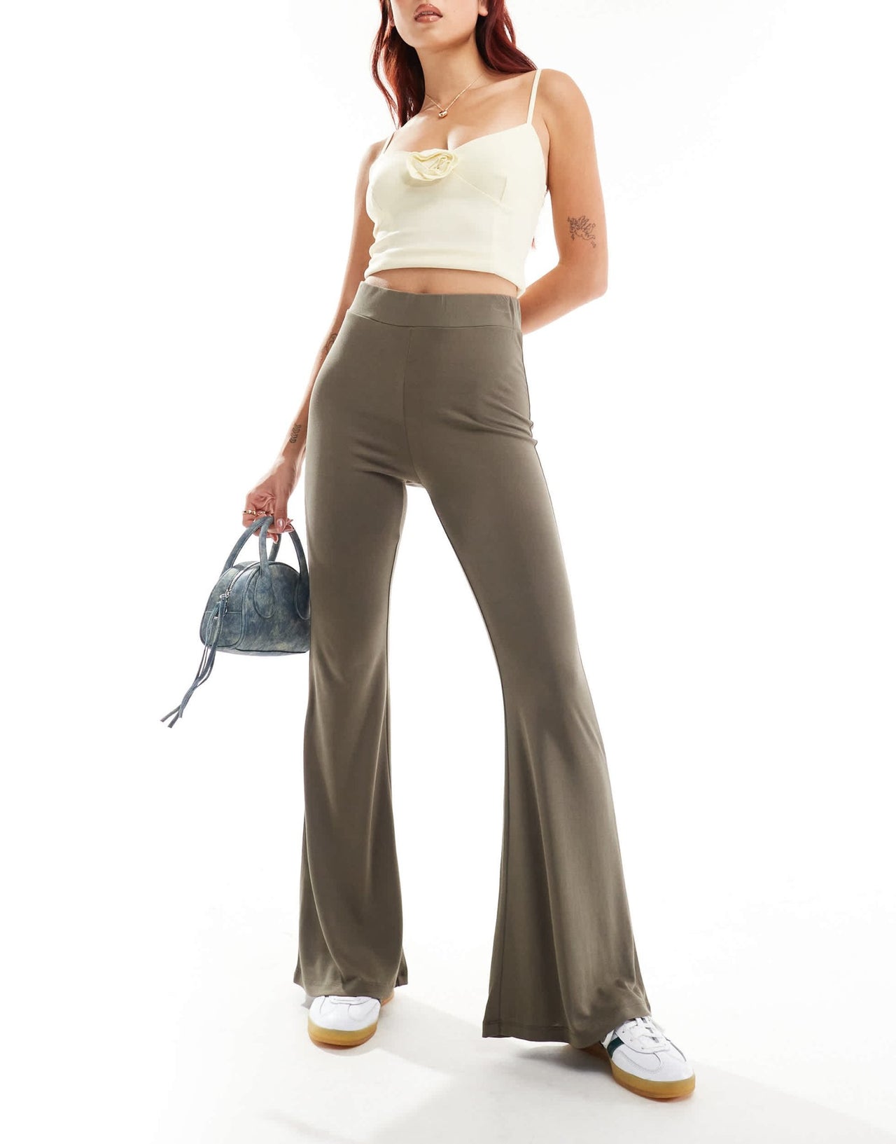 Monki super soft low waist flare jersey trousers in khaki brown - ASOS Sample Sale EU Store