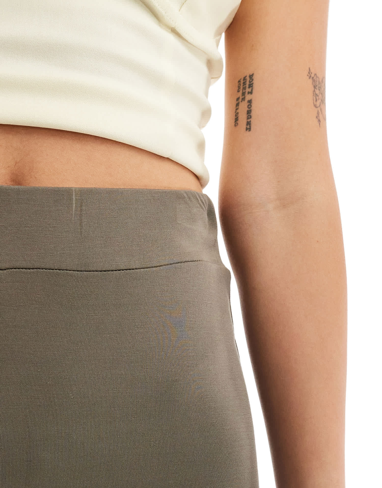 Monki super soft low waist flare jersey trousers in khaki brown - ASOS Sample Sale EU Store