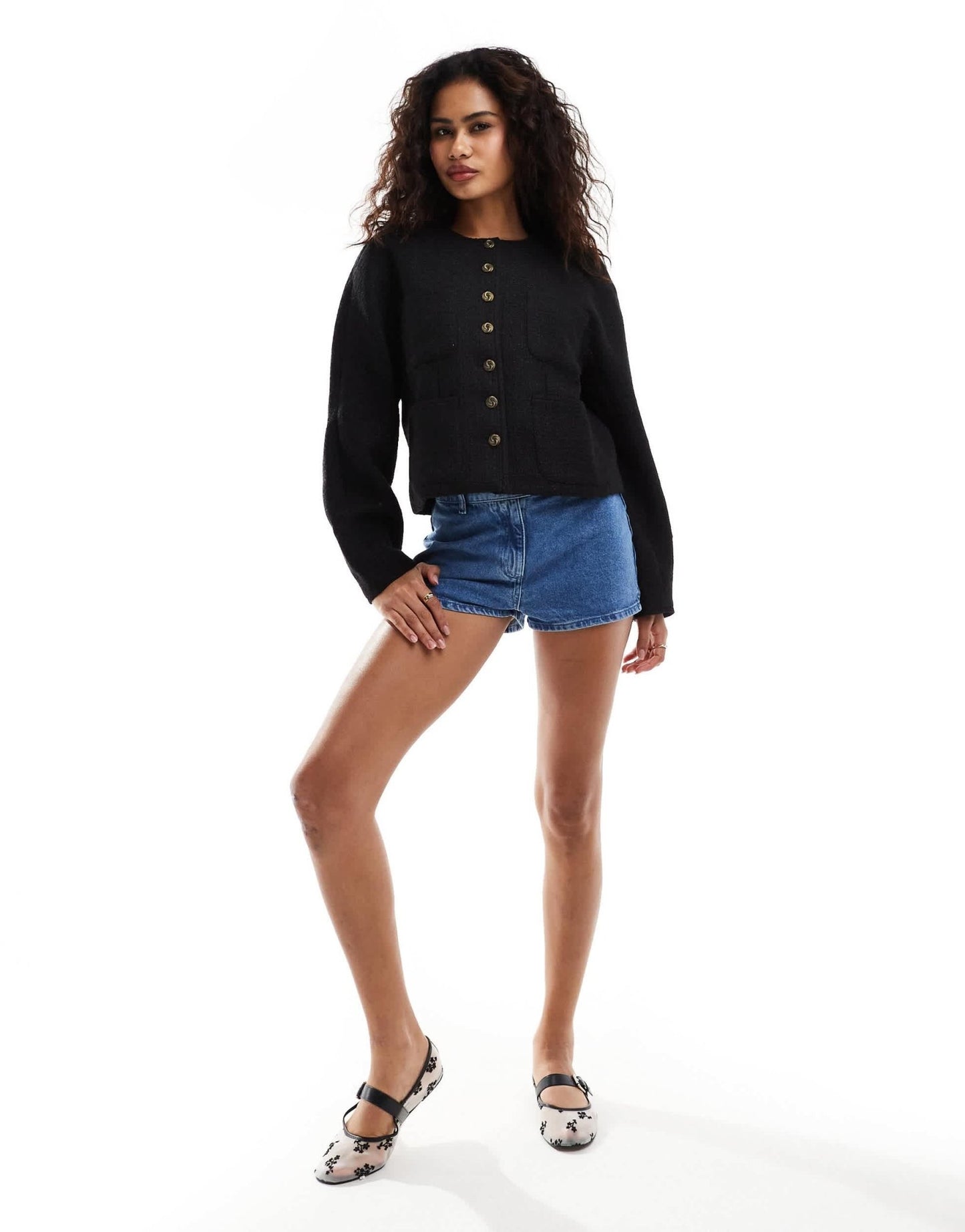 Moon River button front pocket detail textured cropped jacket in black - ASOS Sample Sale EU Store