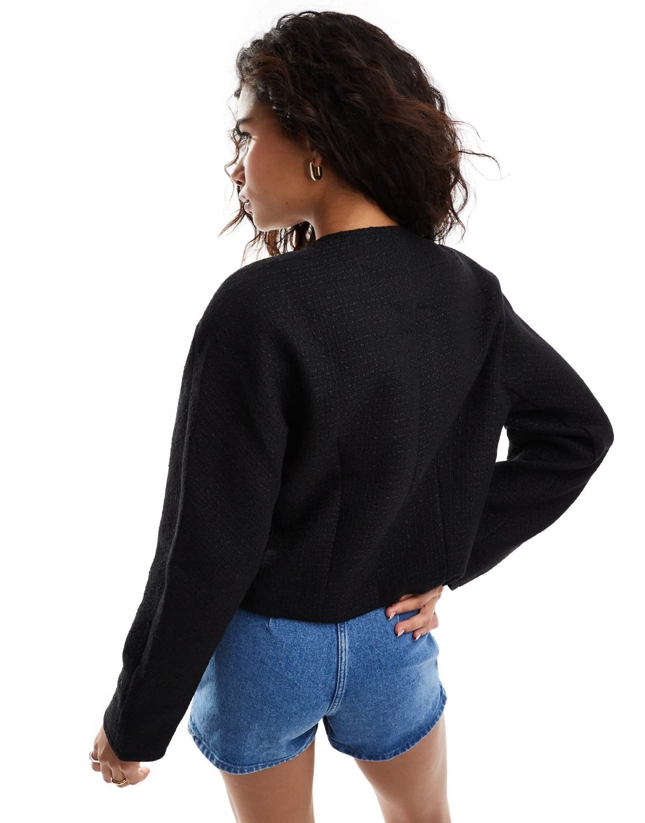 Moon River button front pocket detail textured cropped jacket in black - ASOS Sample Sale EU Store