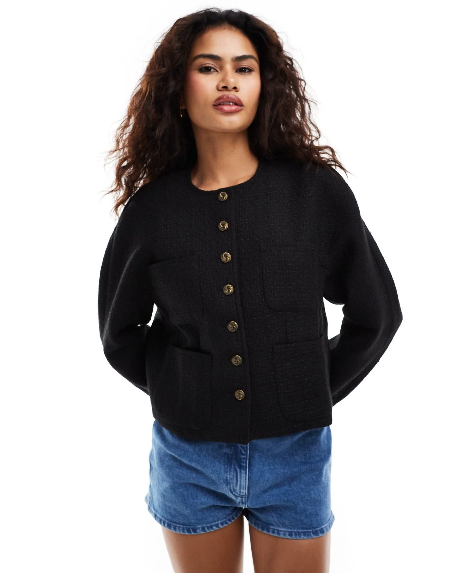 Moon River button front pocket detail textured cropped jacket in black - ASOS Sample Sale EU Store