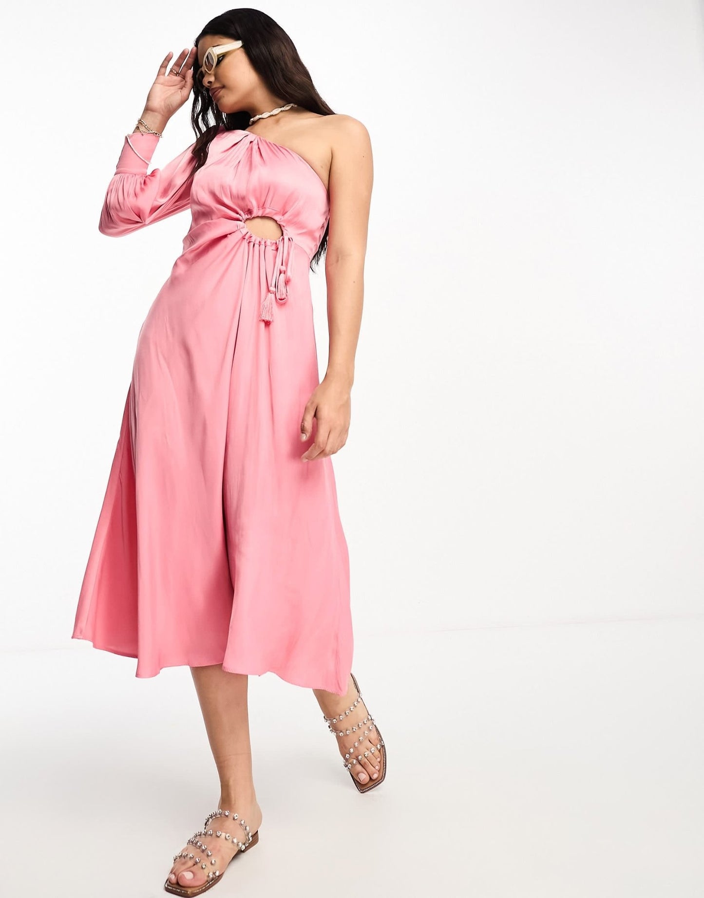 Moon River one shoulder tassle tie midi dress in pink - ASOS Sample Sale EU Store