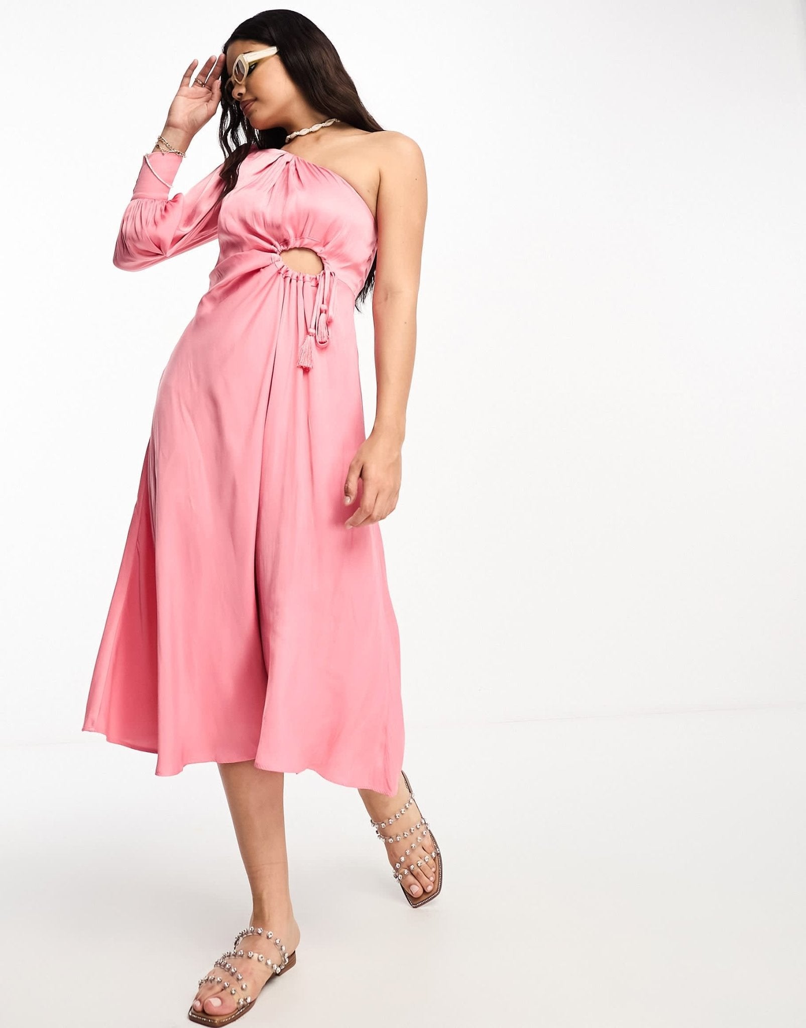 Moon River one shoulder tassle tie midi dress in pink - ASOS Sample Sale EU Store