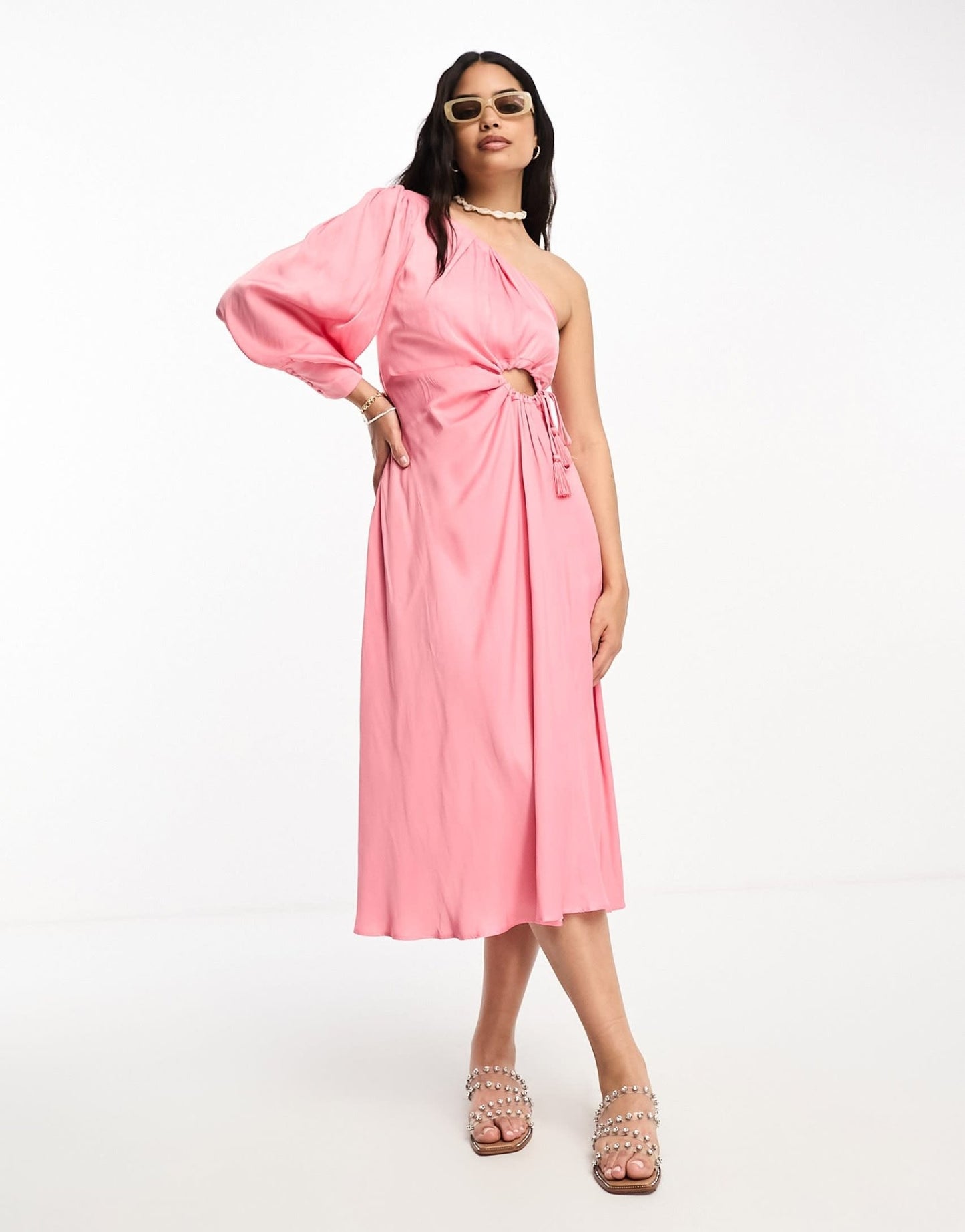 Moon River one shoulder tassle tie midi dress in pink - ASOS Sample Sale EU Store
