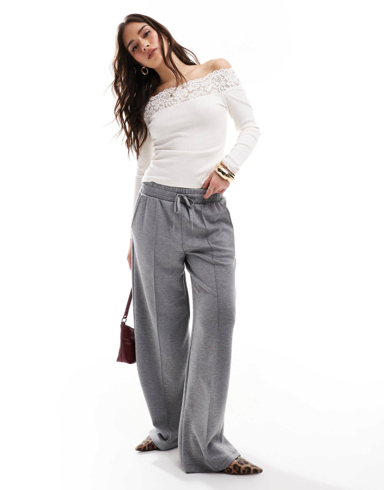Morgan lace trim fine rib bardot long sleeve top in cream - ASOS Sample Sale EU Store