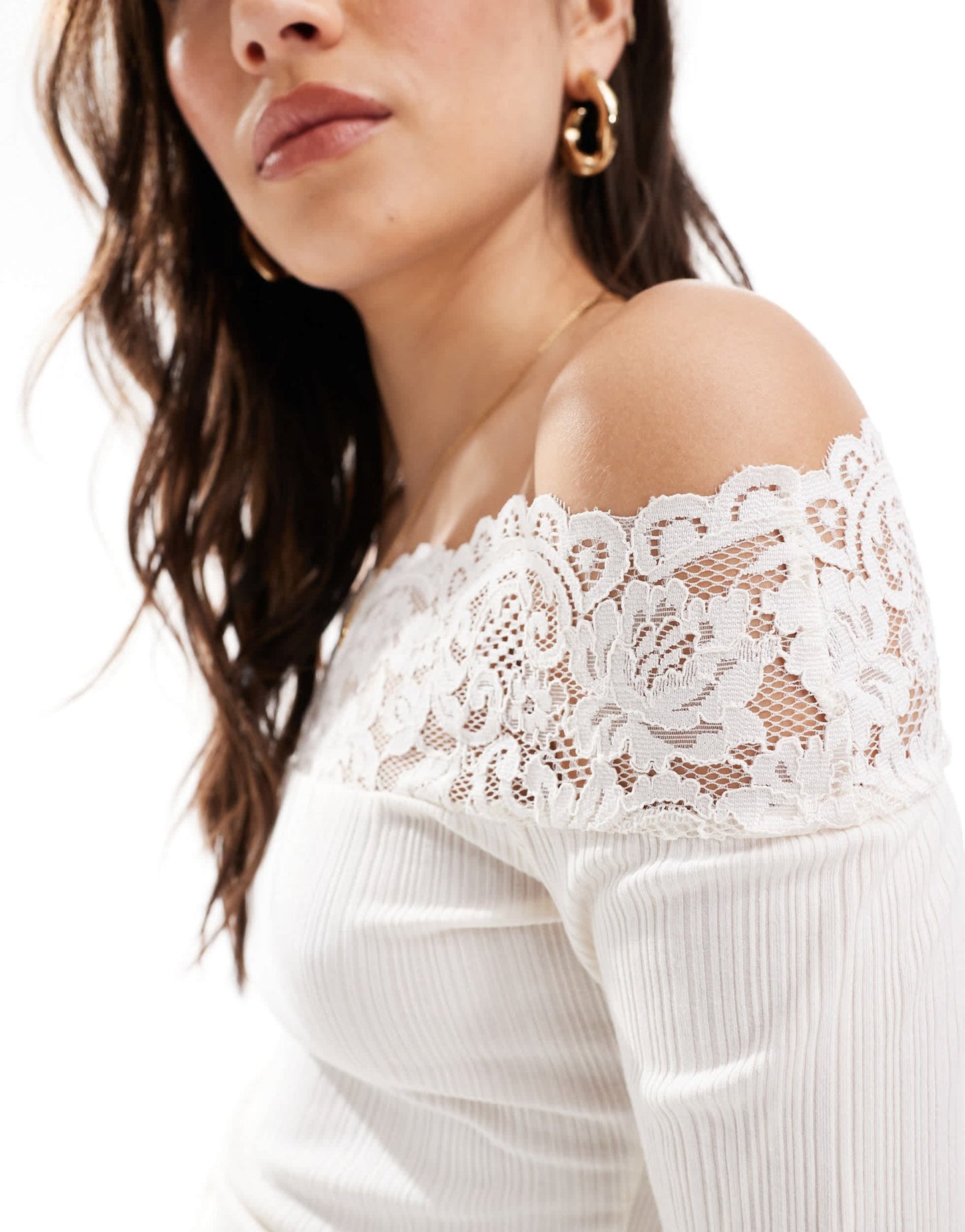 Morgan lace trim fine rib bardot long sleeve top in cream - ASOS Sample Sale EU Store