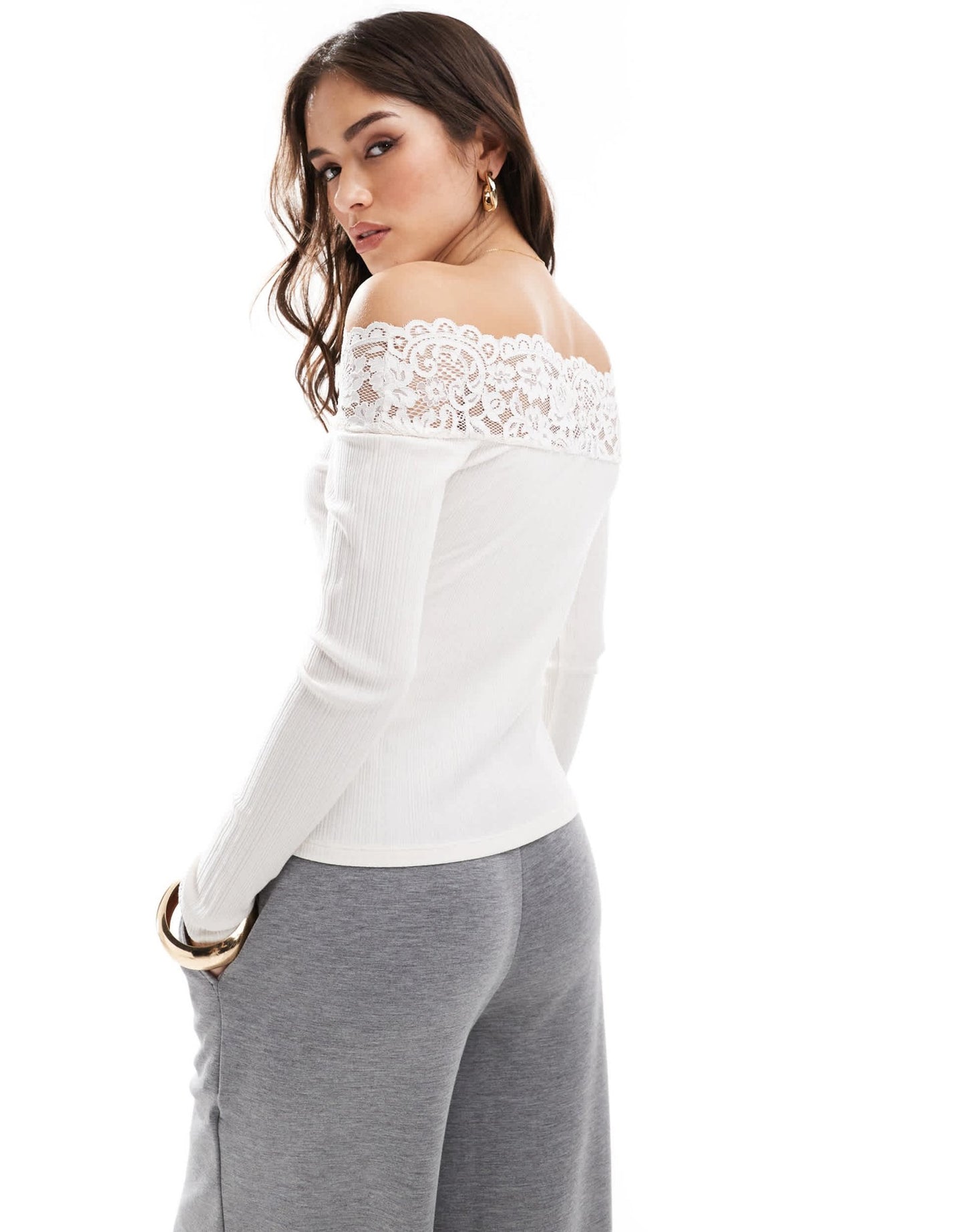 Morgan lace trim fine rib bardot long sleeve top in cream - ASOS Sample Sale EU Store