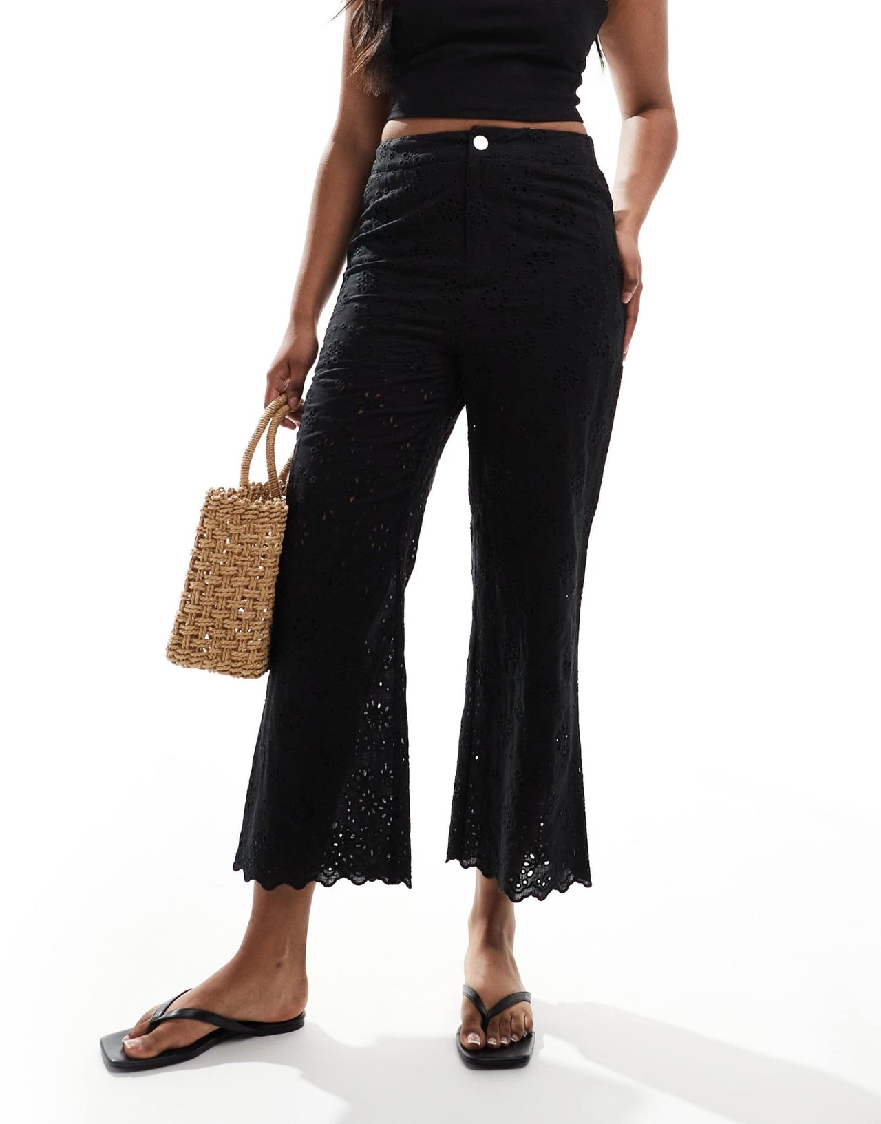 Morgan linen blend broderie detail cropped trousers in black - ASOS Sample Sale EU Store