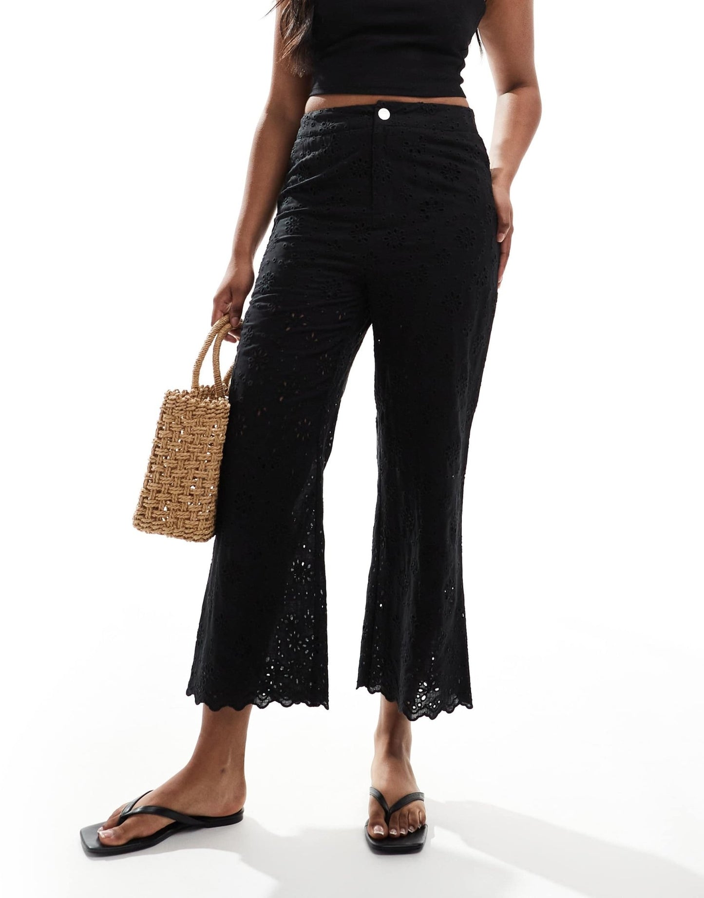 Morgan linen blend broderie detail cropped trousers in black - ASOS Sample Sale EU Store