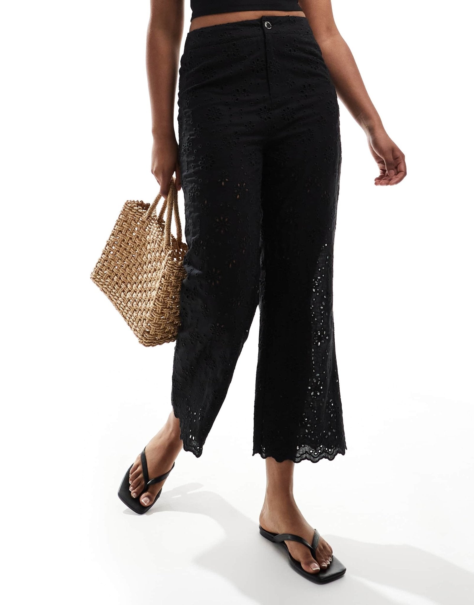 Morgan linen blend broderie detail cropped trousers in black - ASOS Sample Sale EU Store