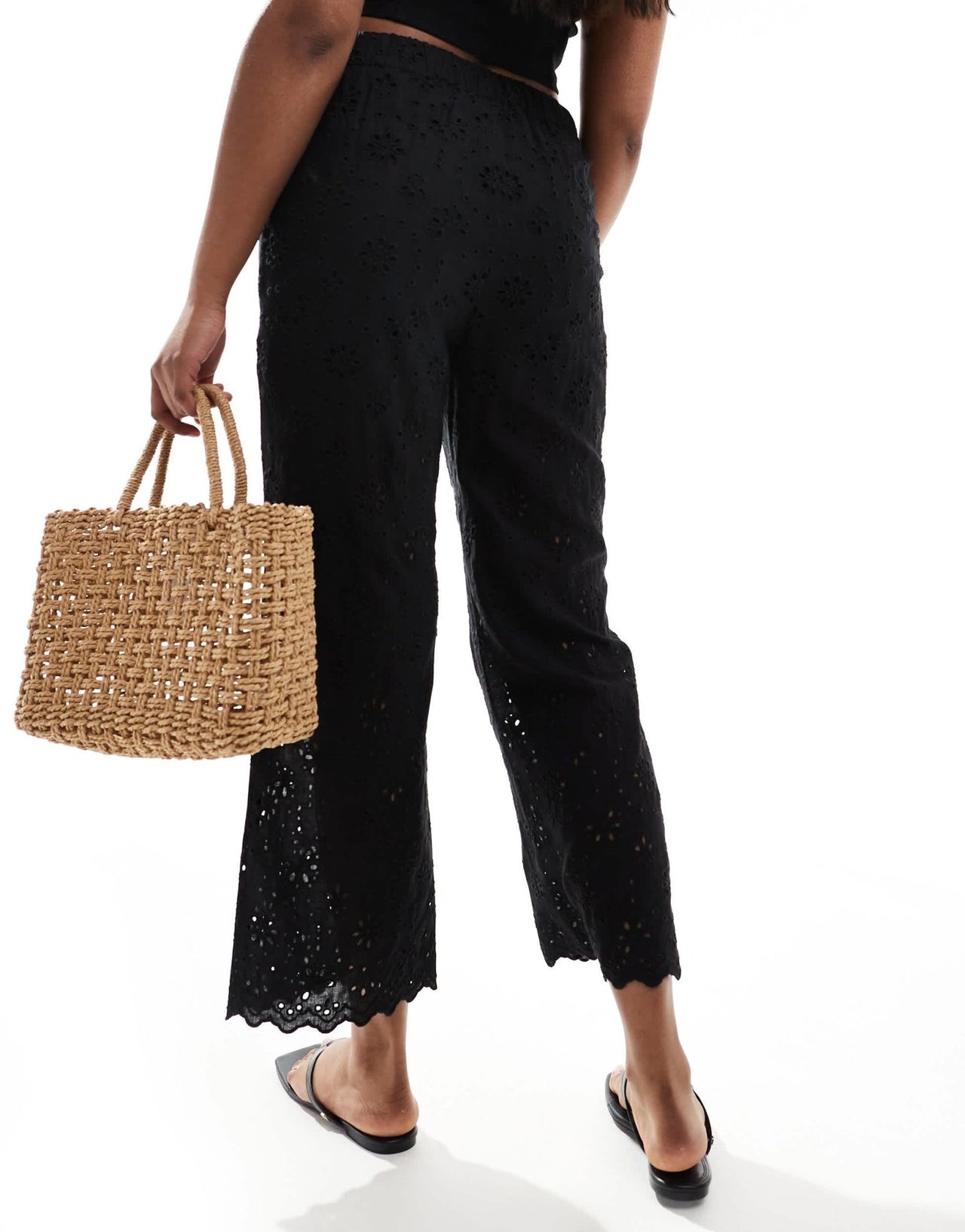 Morgan linen blend broderie detail cropped trousers in black - ASOS Sample Sale EU Store