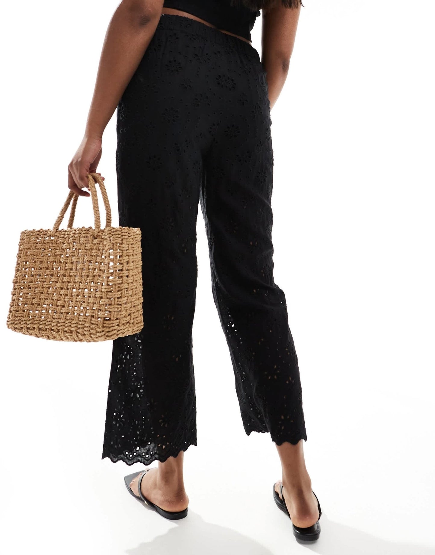 Morgan linen blend broderie detail cropped trousers in black - ASOS Sample Sale EU Store