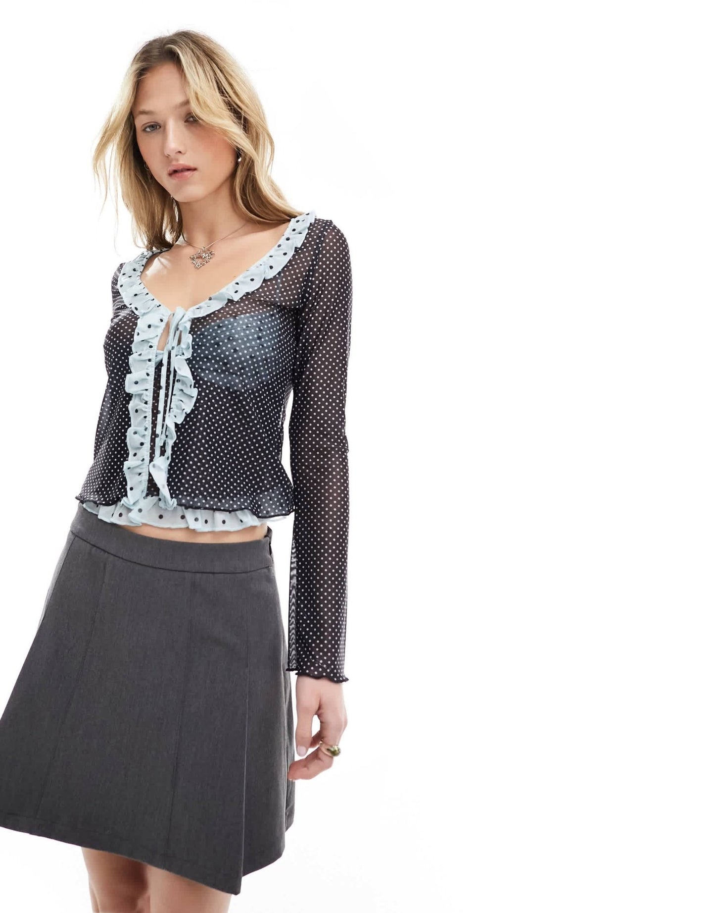 Motel polka dot ruffle edge tie - front blouse in blue and black - ASOS Sample Sale EU Store