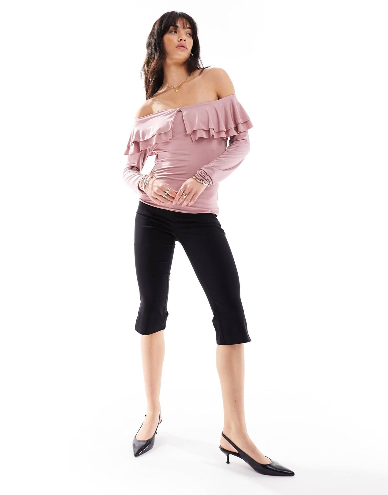 Motel ruffle off shoulder slinky long sleeve top in pink - ASOS Sample Sale EU Store