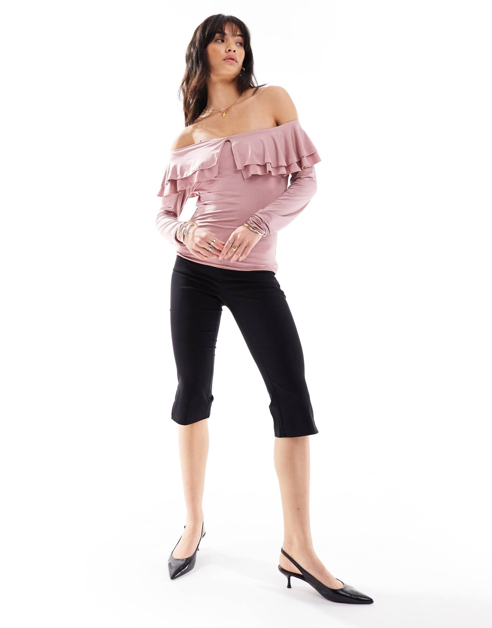 Motel ruffle off shoulder slinky long sleeve top in pink - ASOS Sample Sale EU Store