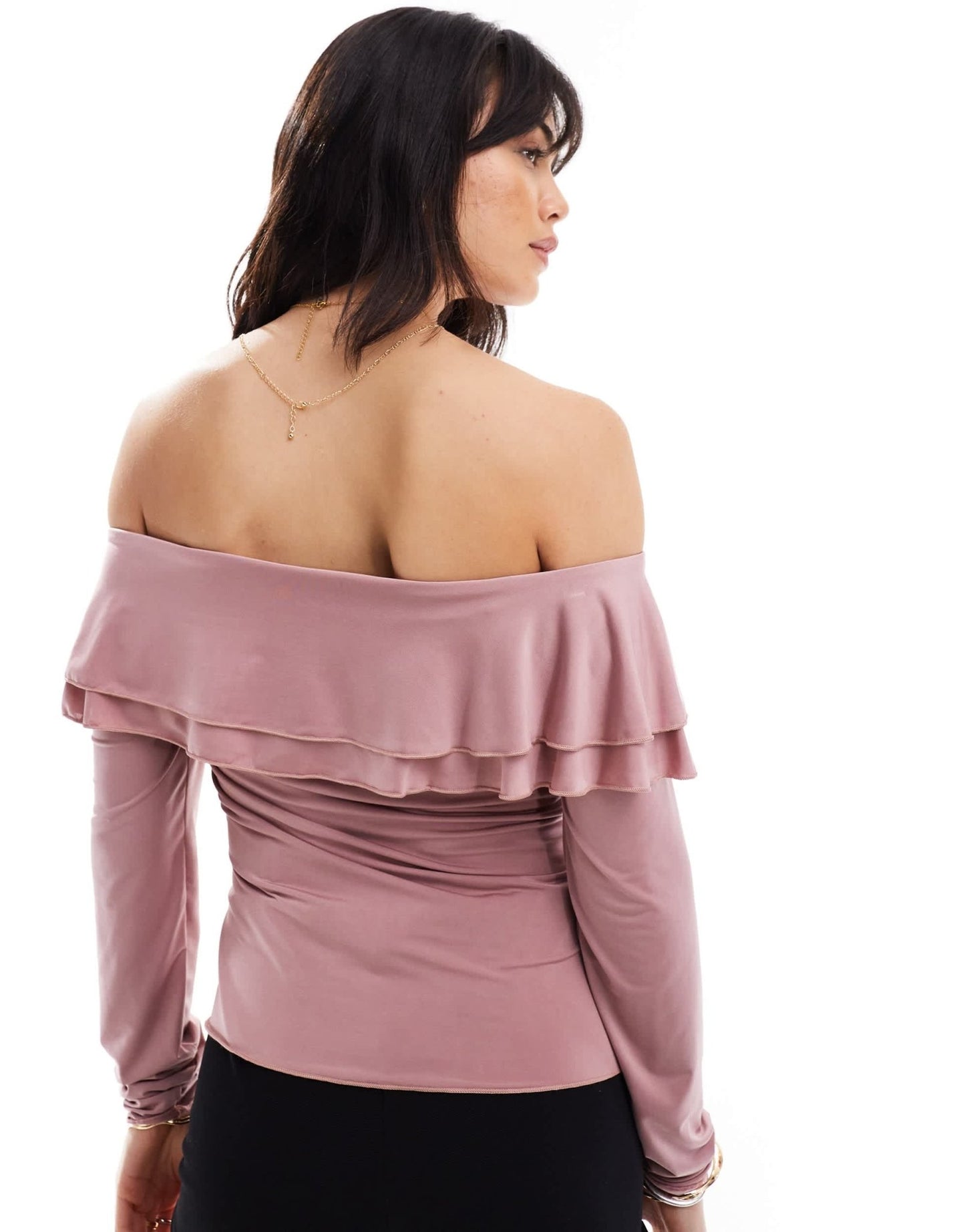 Motel ruffle off shoulder slinky long sleeve top in pink - ASOS Sample Sale EU Store