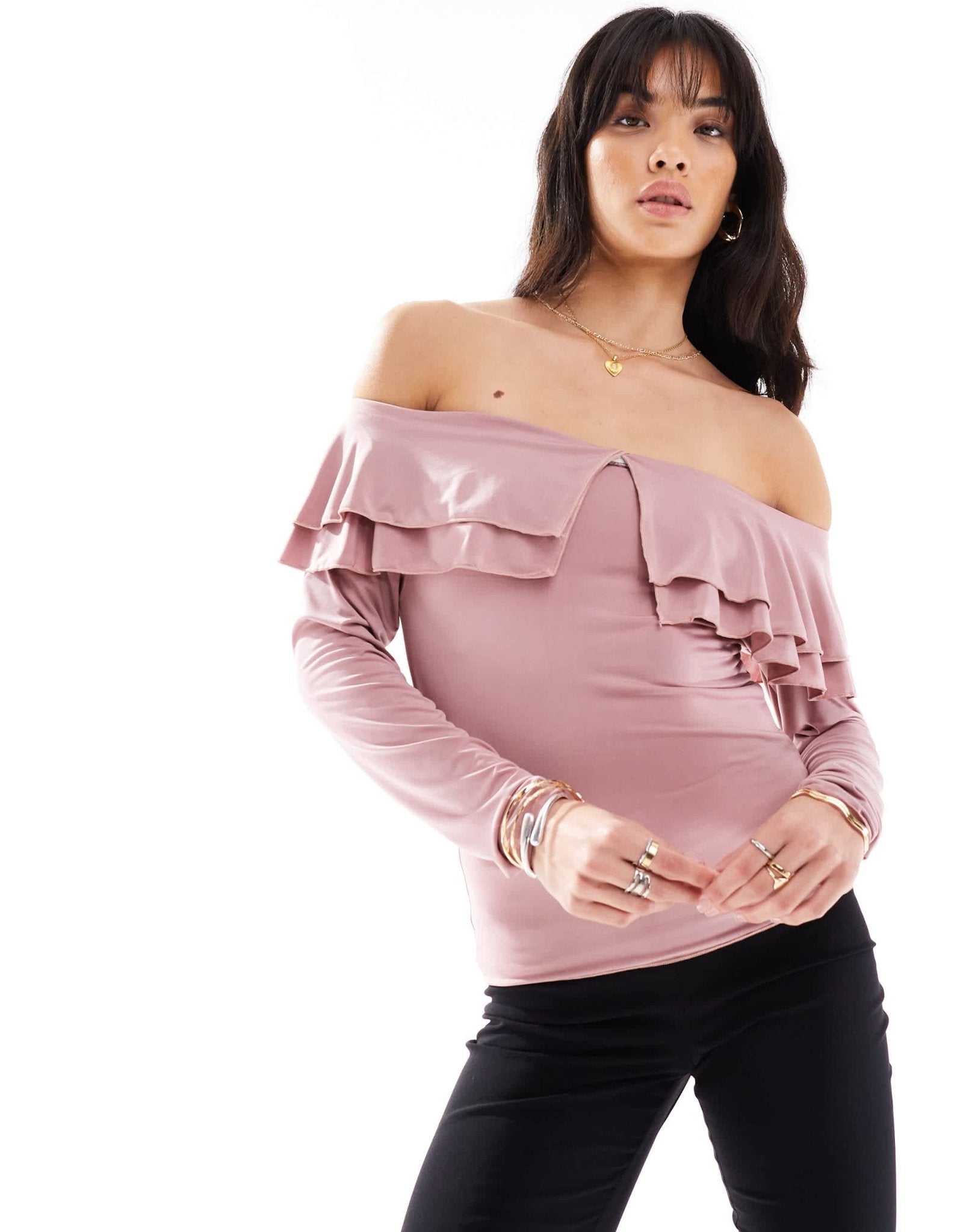 Motel ruffle off shoulder slinky long sleeve top in pink - ASOS Sample Sale EU Store