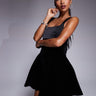 Murci exclusive satin contrast velvet square neck flippy hem bow tie back mini dress in black