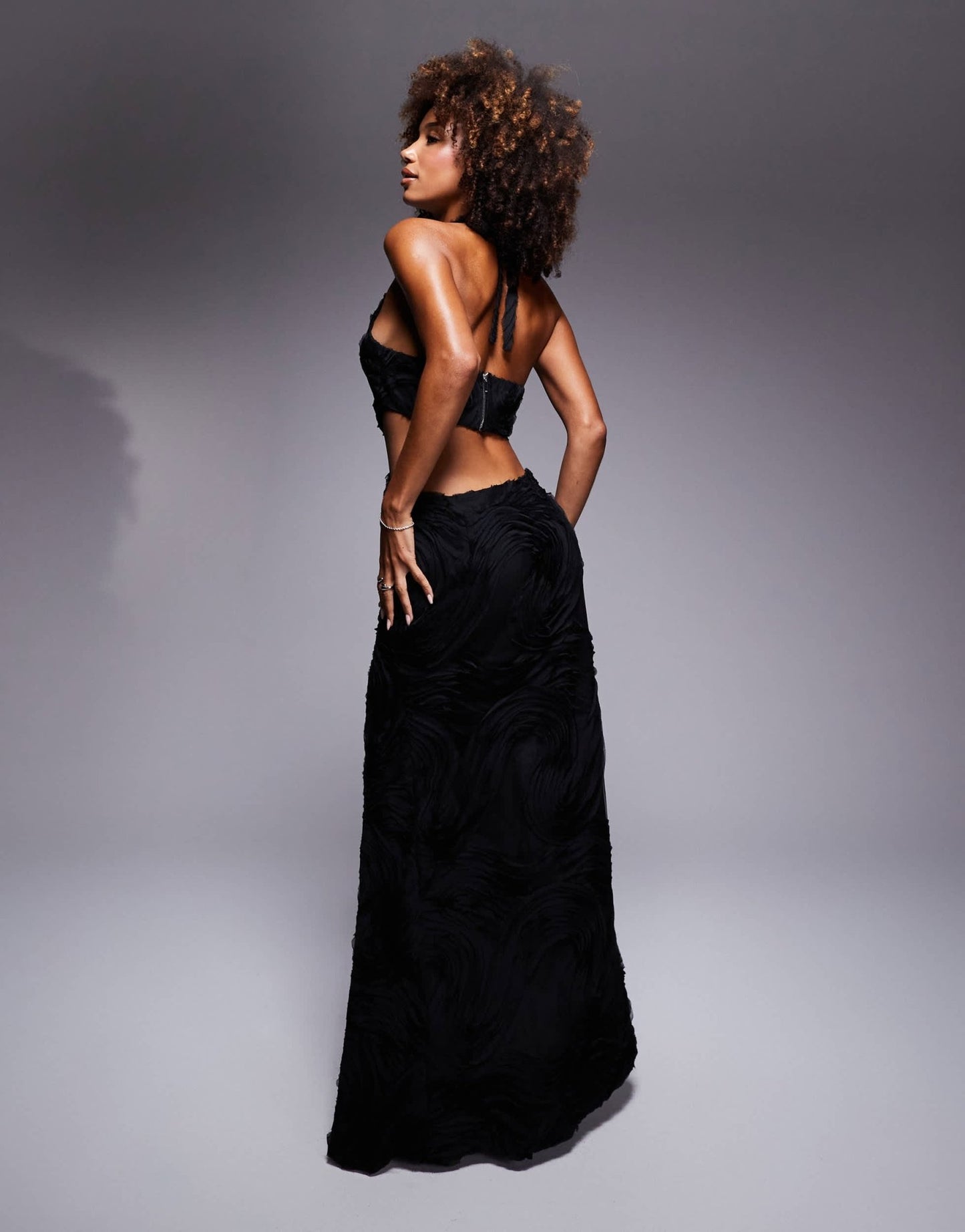 Murci exclusive textured halterneck back cut out maxi dress in black - ASOS Sample Sale EU Store