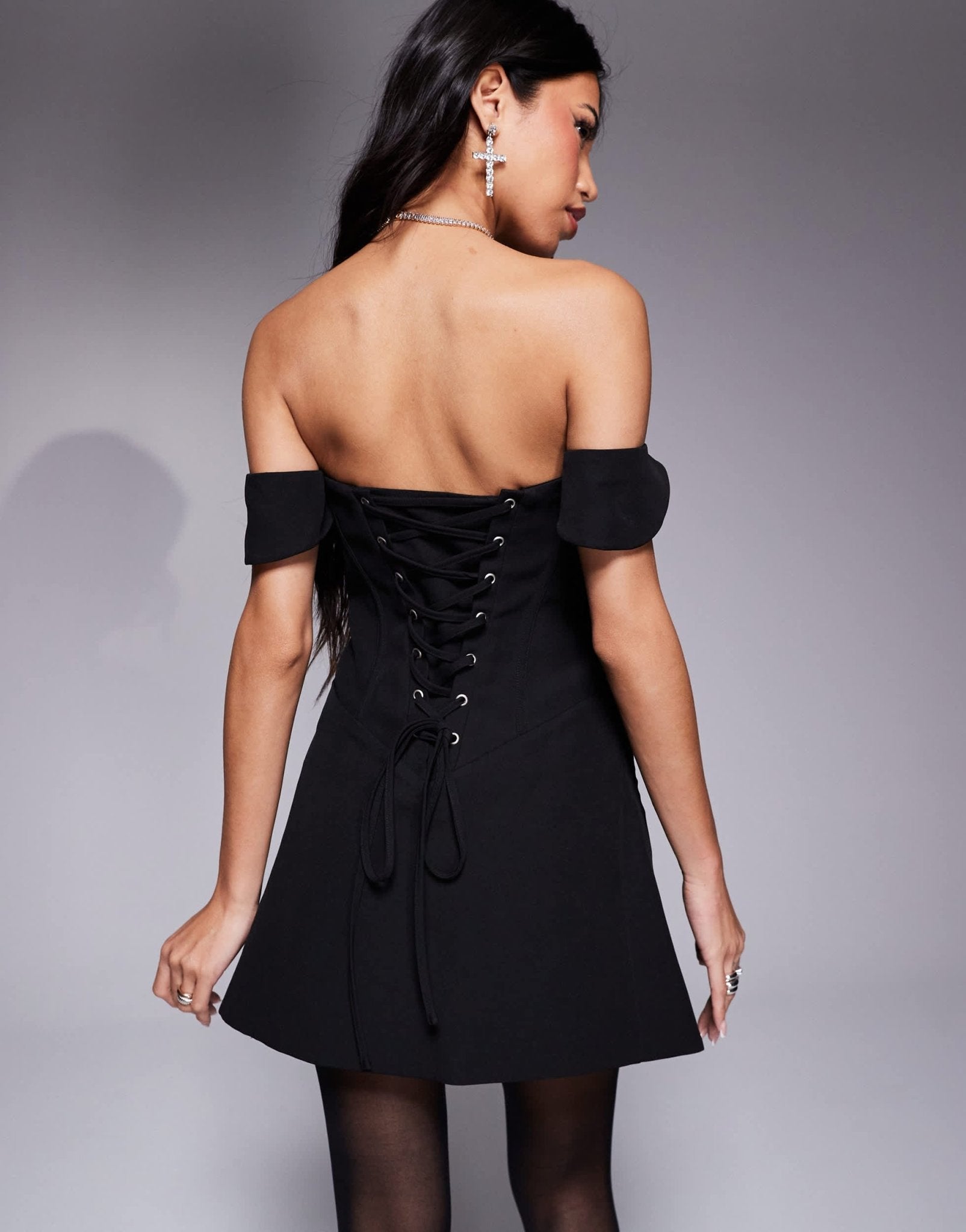 Murci shirred bust detail corset bardot lace up back mini dress in black - ASOS Sample Sale EU Store