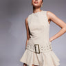 Murci structured sleeveless lace up back belted flippy hem mini dress in sand