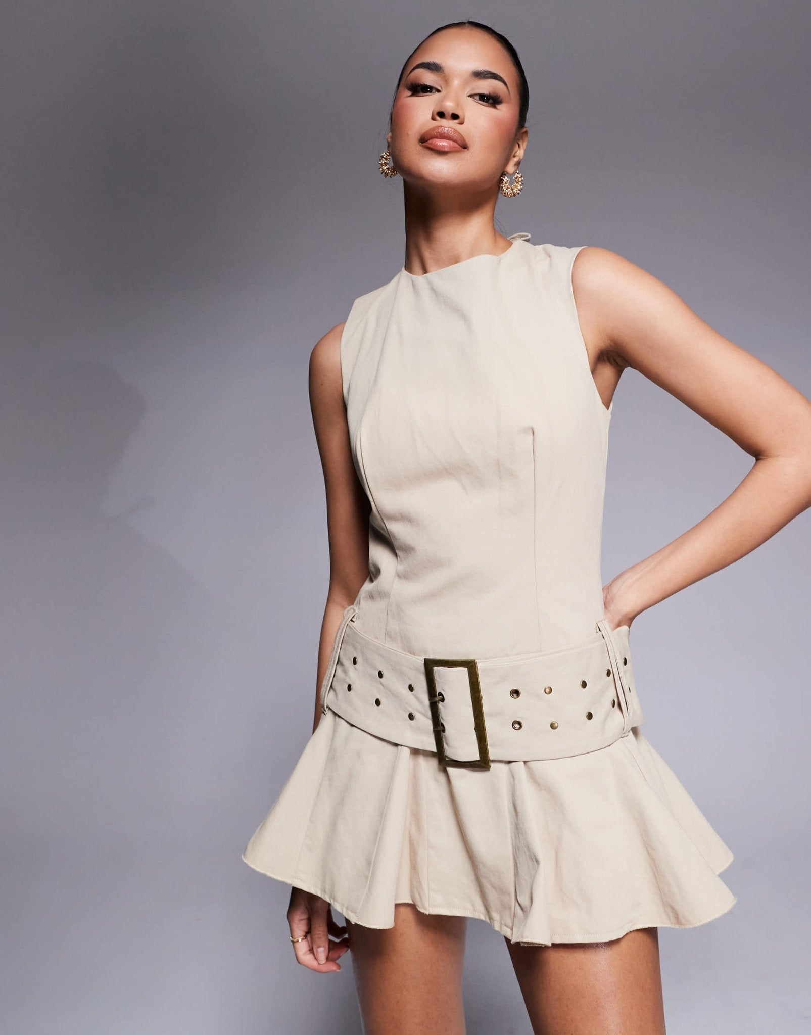 Murci structured sleeveless lace up back belted flippy hem mini dress in sand - ASOS Sample Sale EU Store