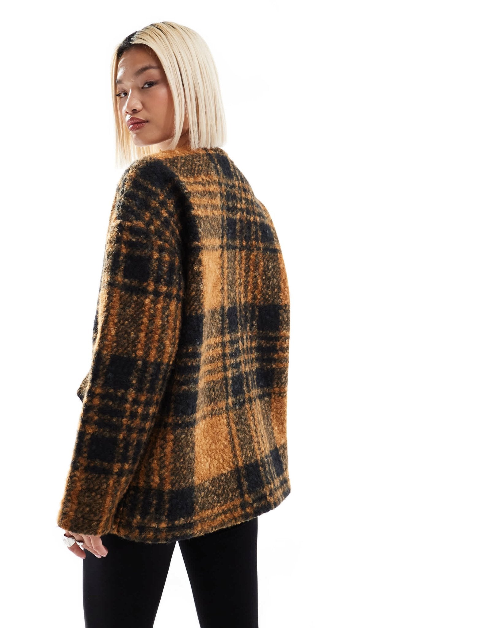 Native Youth boucle toggle detail checked coat in orange and navy - ASOS Sample Sale EU Store