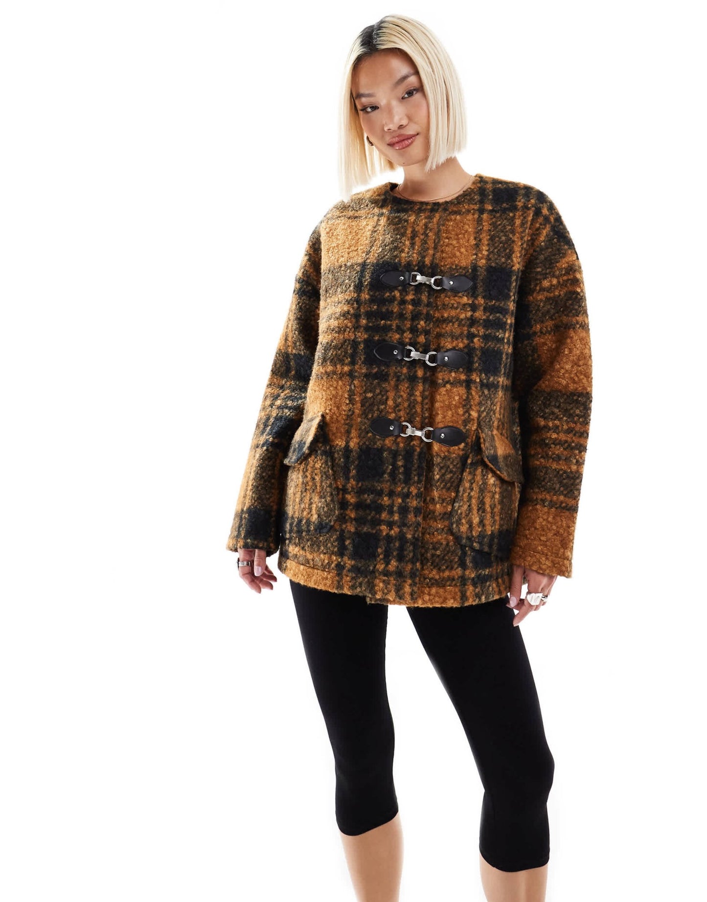 Native Youth boucle toggle detail checked coat in orange and navy - ASOS Sample Sale EU Store