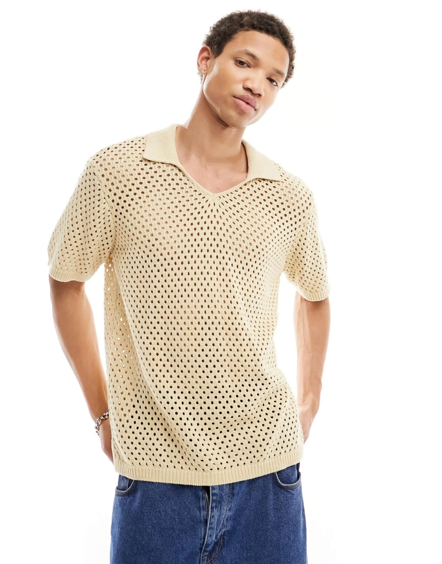 Native Youth pointelle cotton knitted polo top in beige - ASOS Sample Sale EU Store