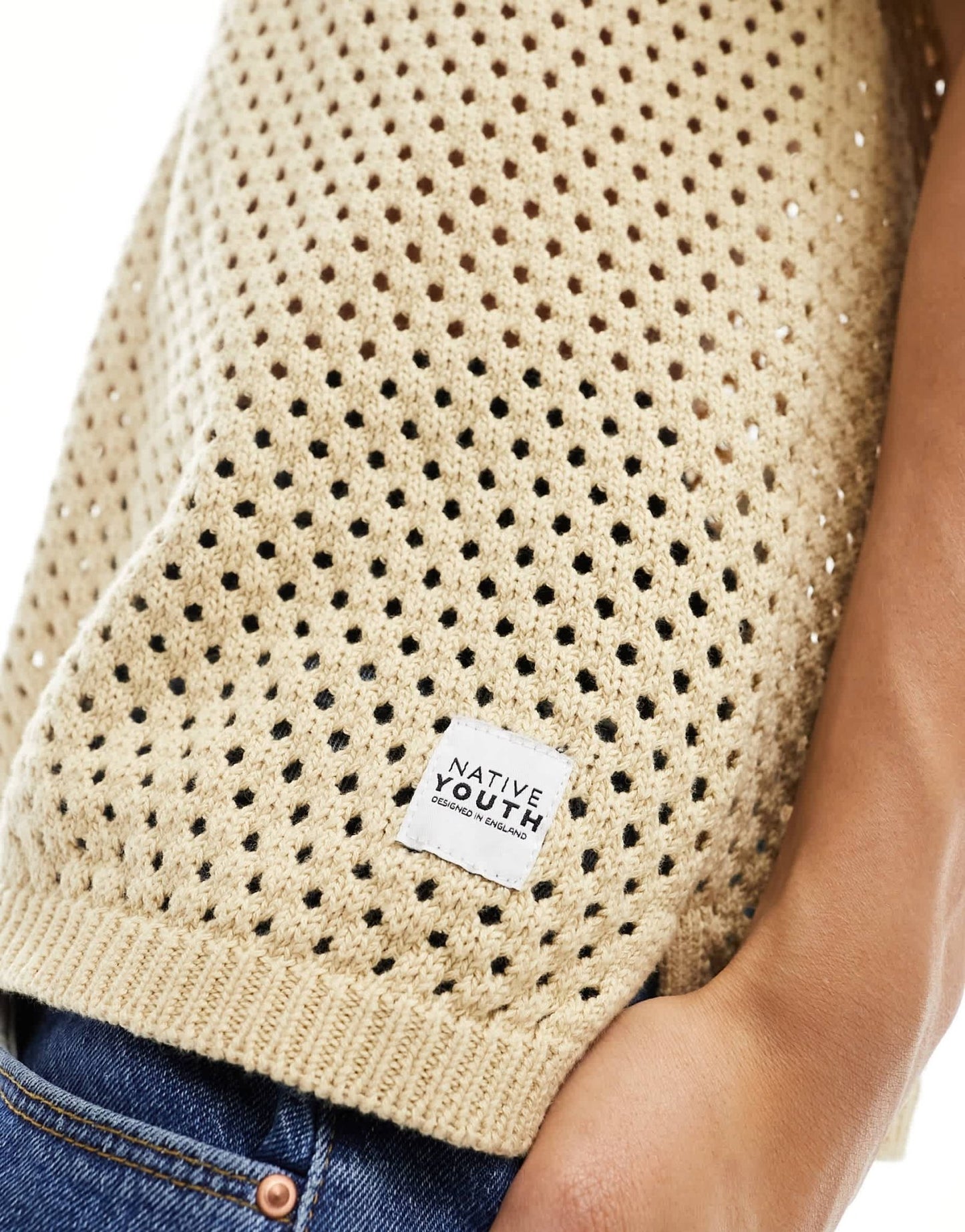 Native Youth pointelle cotton knitted polo top in beige - ASOS Sample Sale EU Store