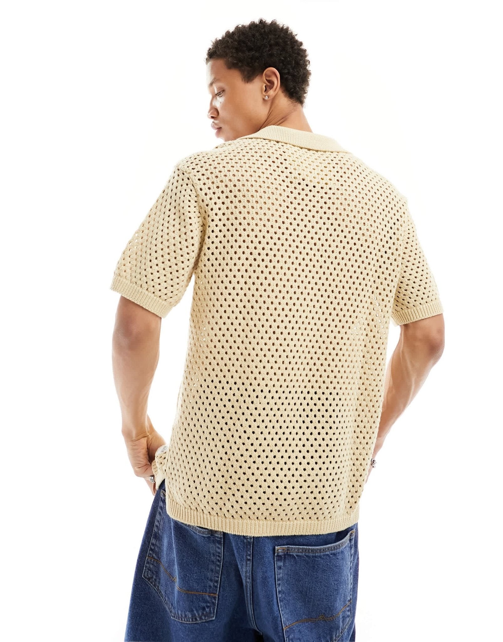 Native Youth pointelle cotton knitted polo top in beige - ASOS Sample Sale EU Store