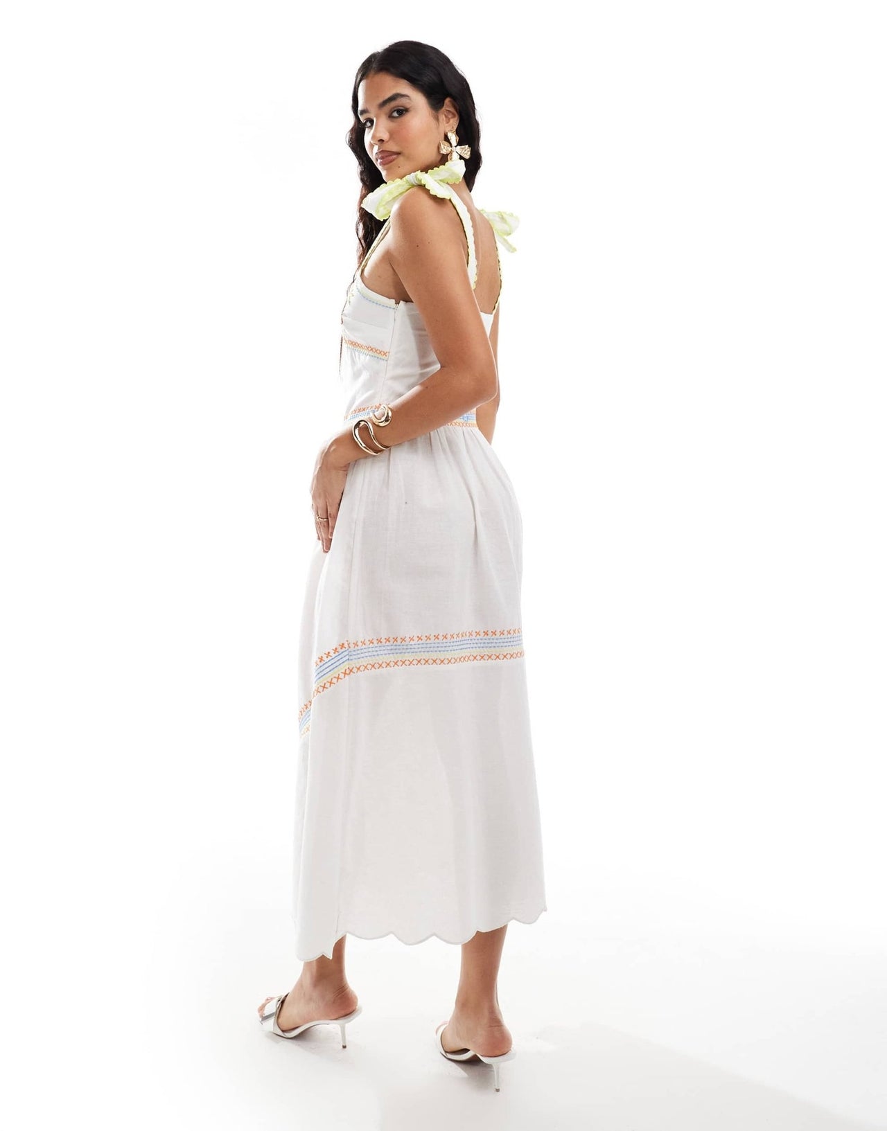 Never Fully Dressed Corfu bow shoulder embroidered midaxi dress in white - ASOS Sample Sale EU Store