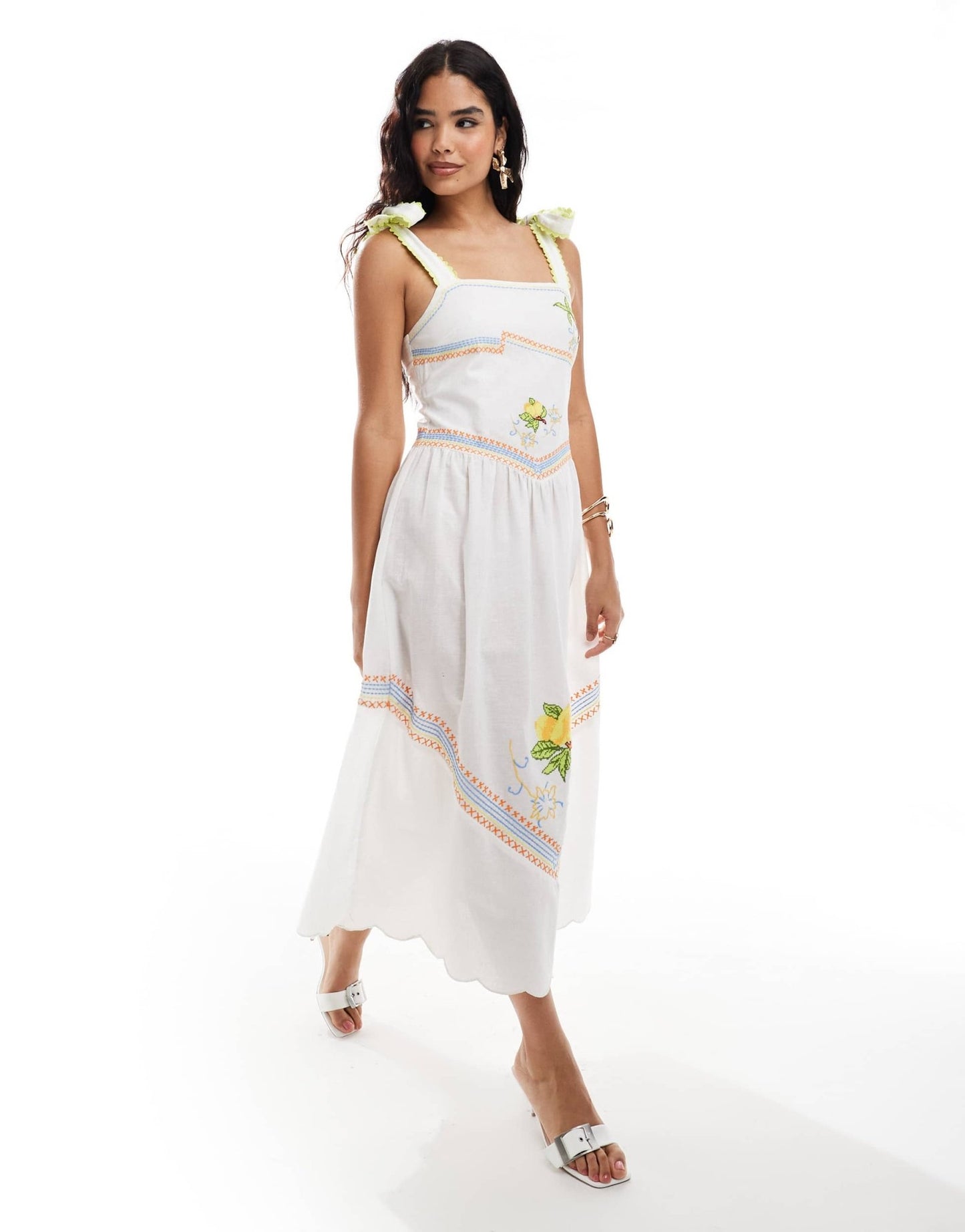 Never Fully Dressed Corfu bow shoulder embroidered midaxi dress in white - ASOS Sample Sale EU Store