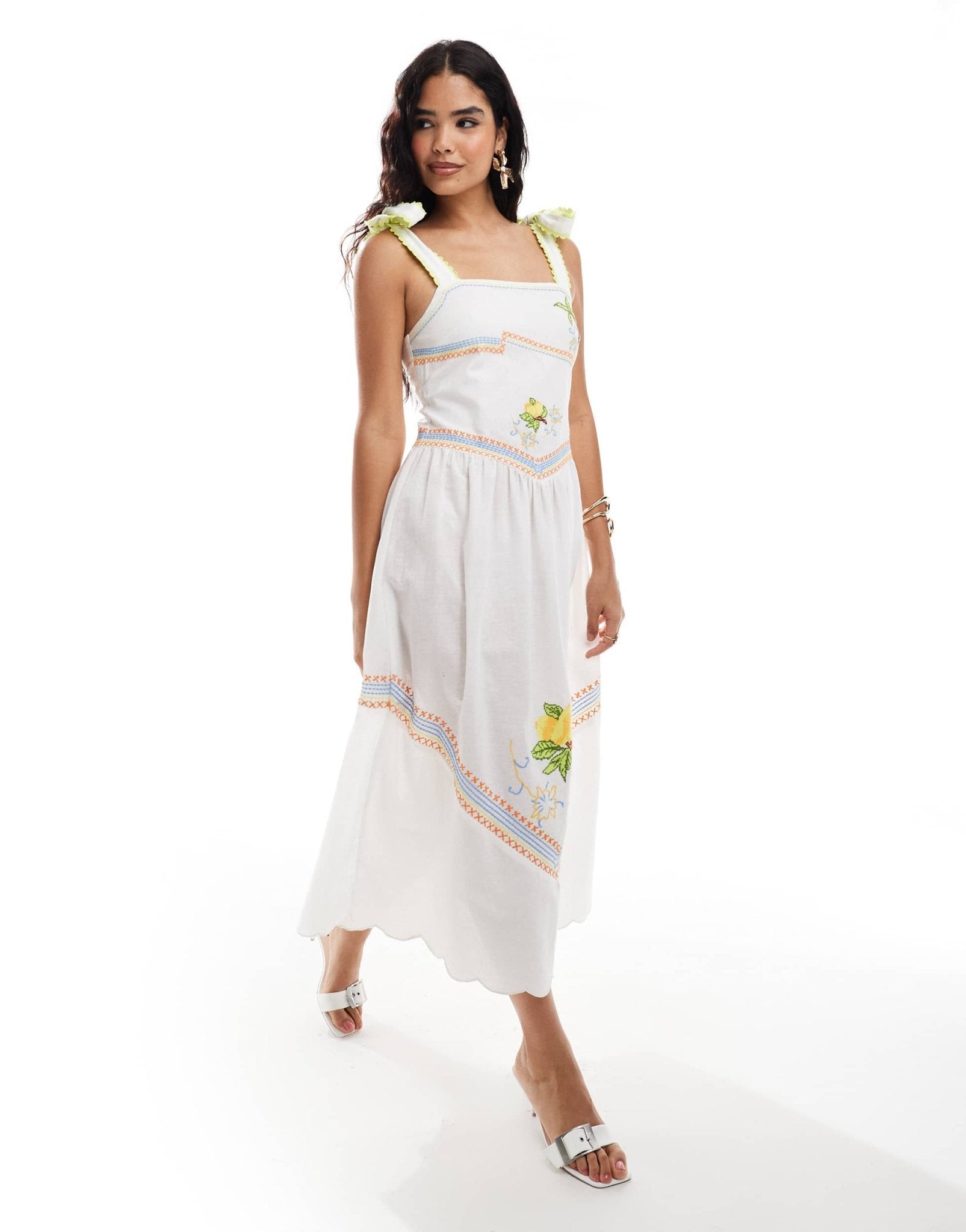 Never Fully Dressed Corfu bow shoulder embroidered midaxi dress in white - ASOS Sample Sale EU Store