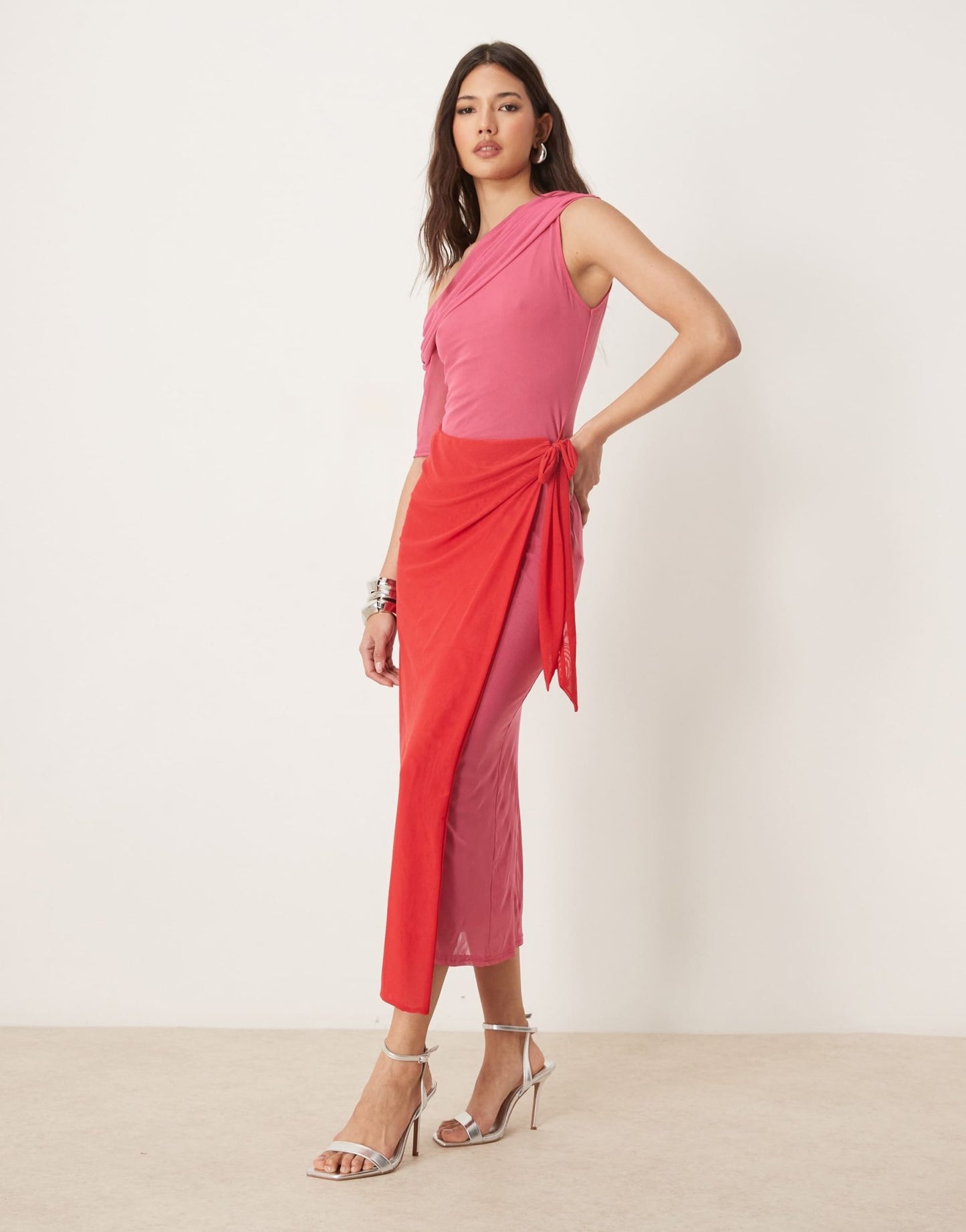 Never Fully Dressed one shoulder contrast midaxi dress in red and pink - ASOS Sample Sale EU Store