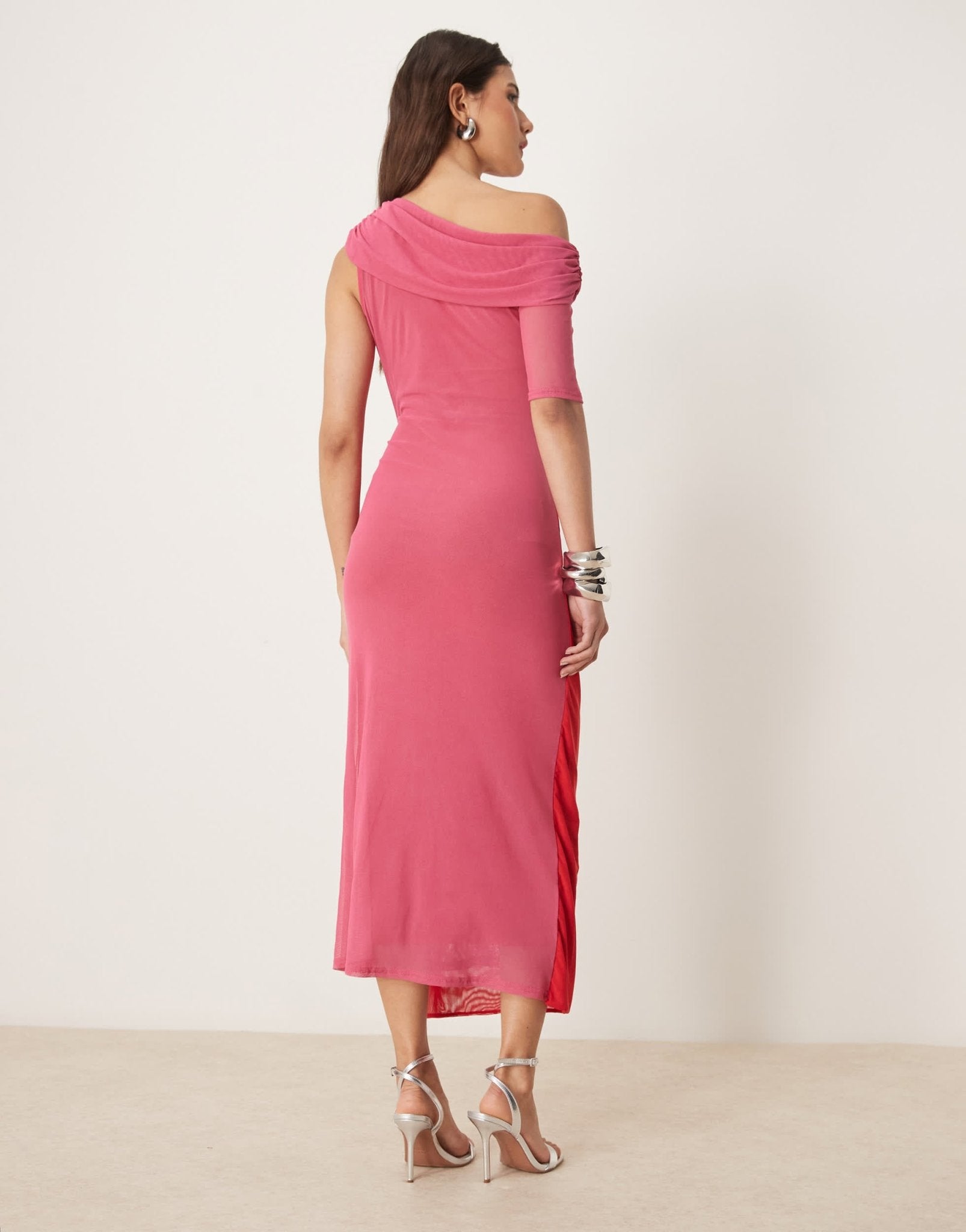 Never Fully Dressed one shoulder contrast midaxi dress in red and pink - ASOS Sample Sale EU Store