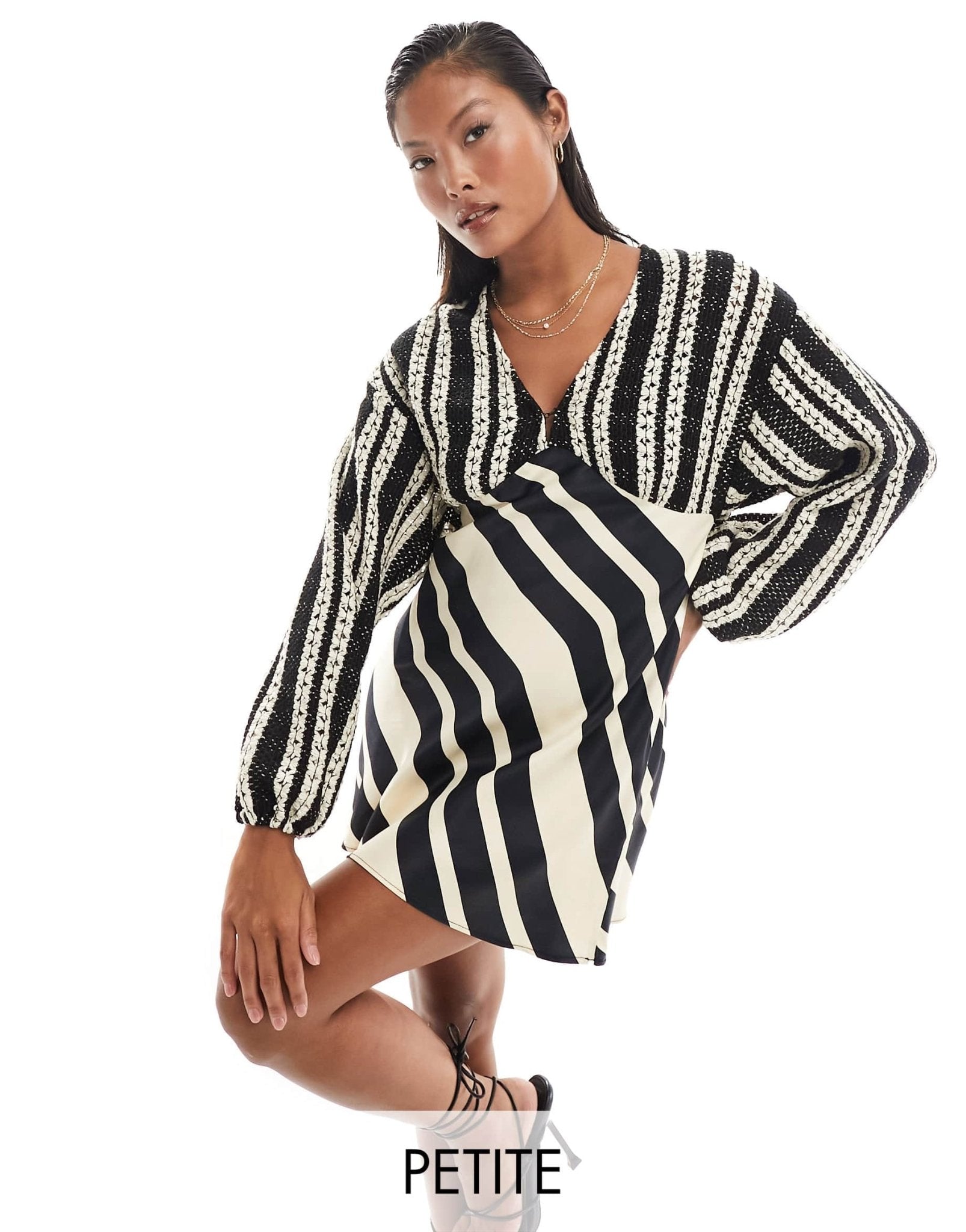 Never Fully Dressed Petite crochet balloon sleeve mini dress in monochrome stripe - ASOS Sample Sale EU Store