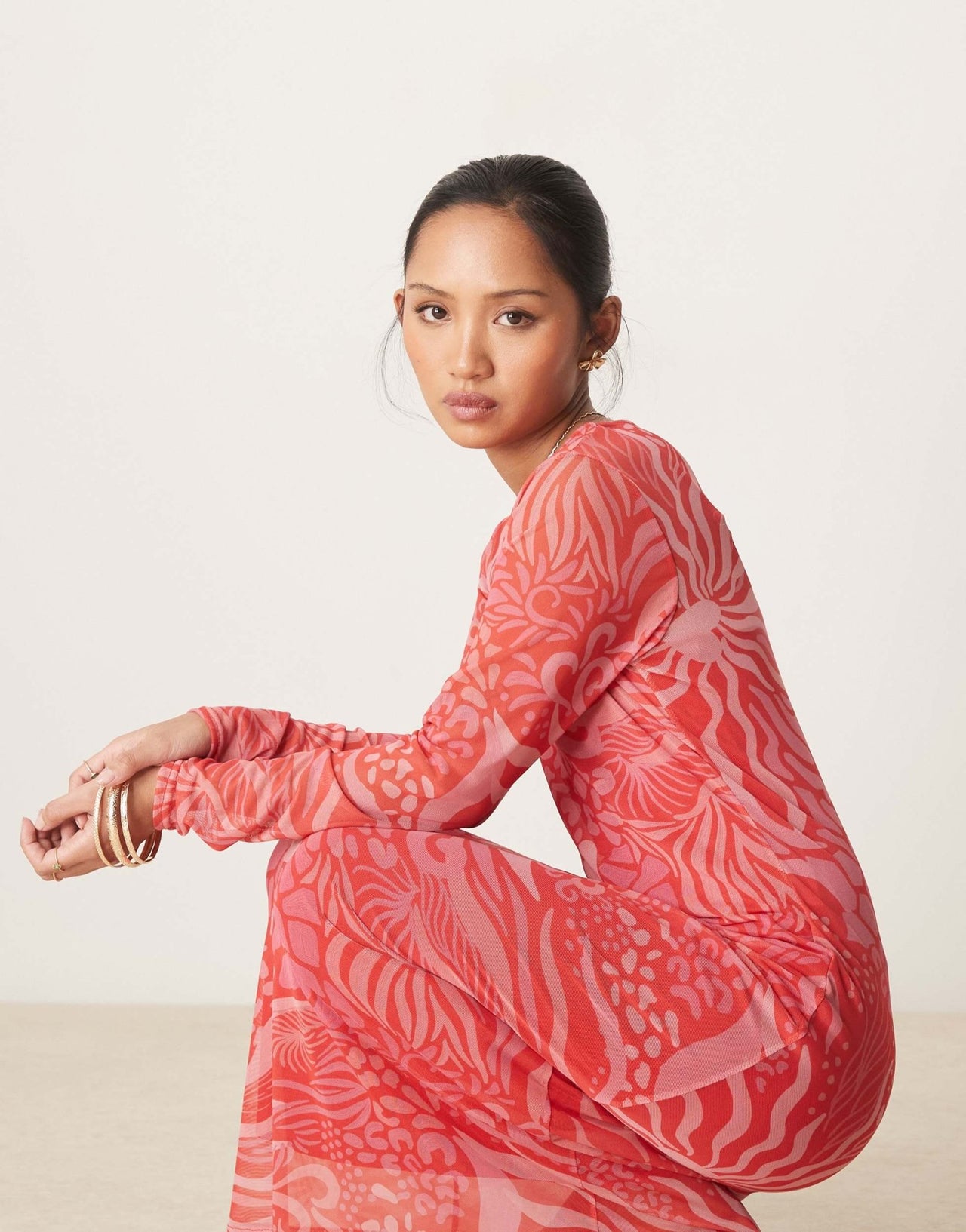 Never Fully Dressed Petite long sleeve mesh midaxi dress in red and pink - ASOS Sample Sale EU Store