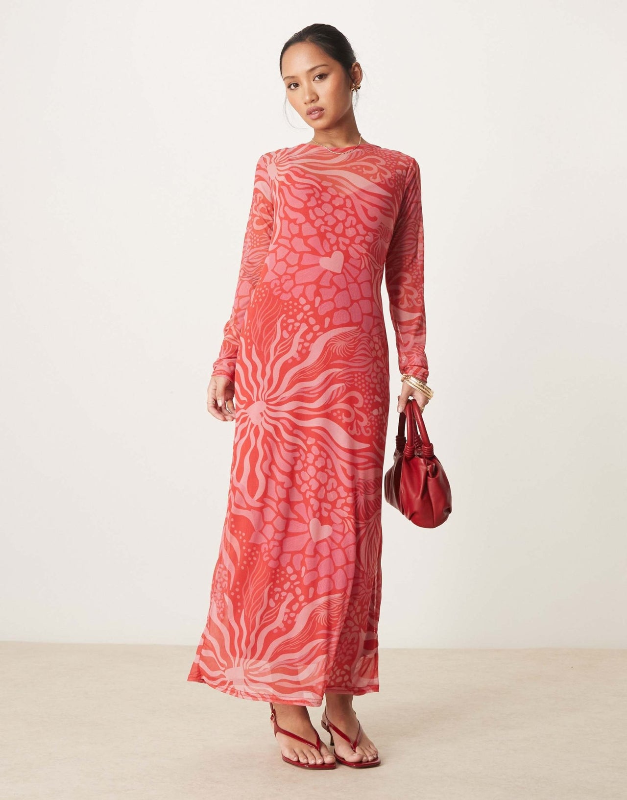 Never Fully Dressed Petite long sleeve mesh midaxi dress in red and pink - ASOS Sample Sale EU Store