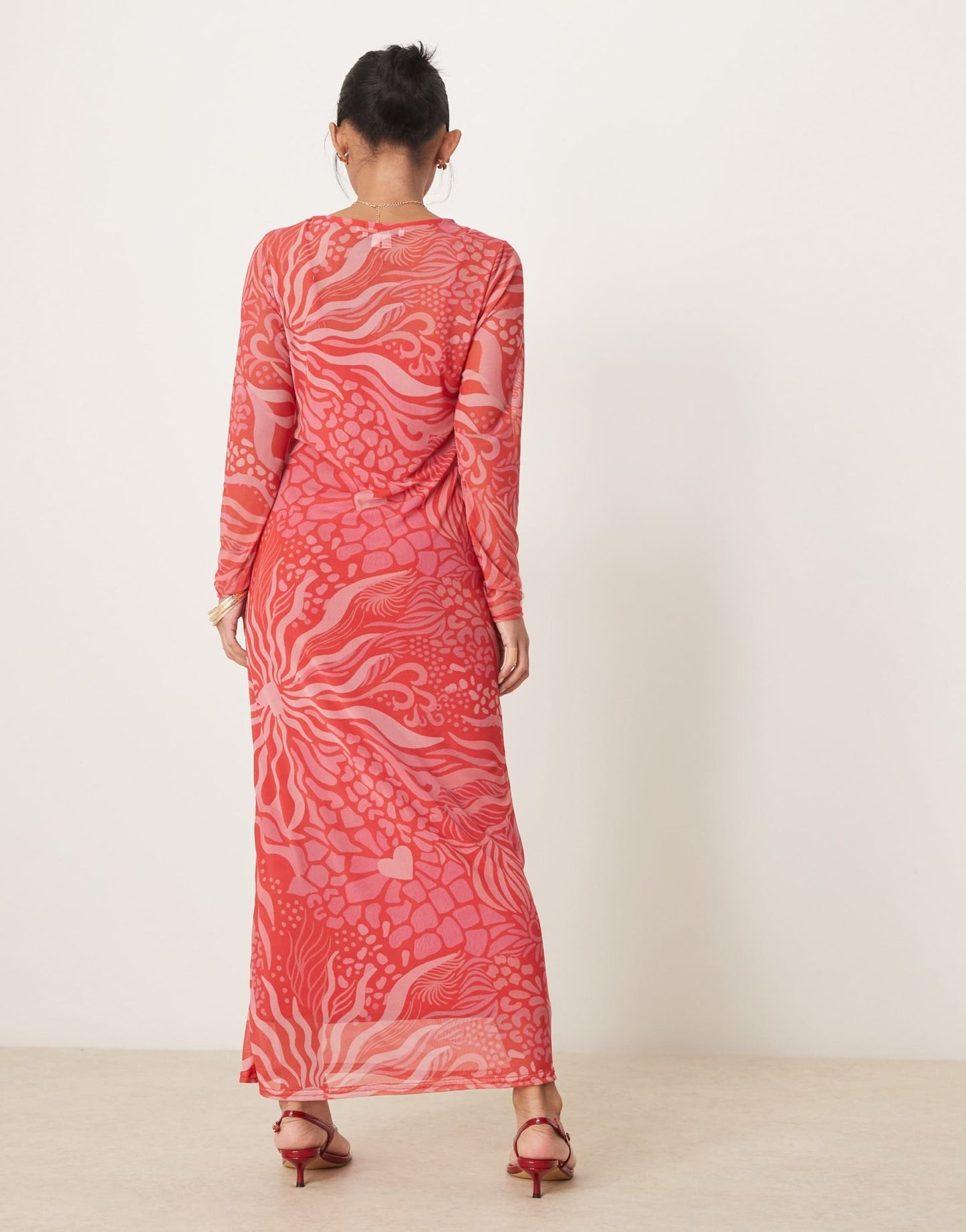 Never Fully Dressed Petite long sleeve mesh midaxi dress in red and pink - ASOS Sample Sale EU Store