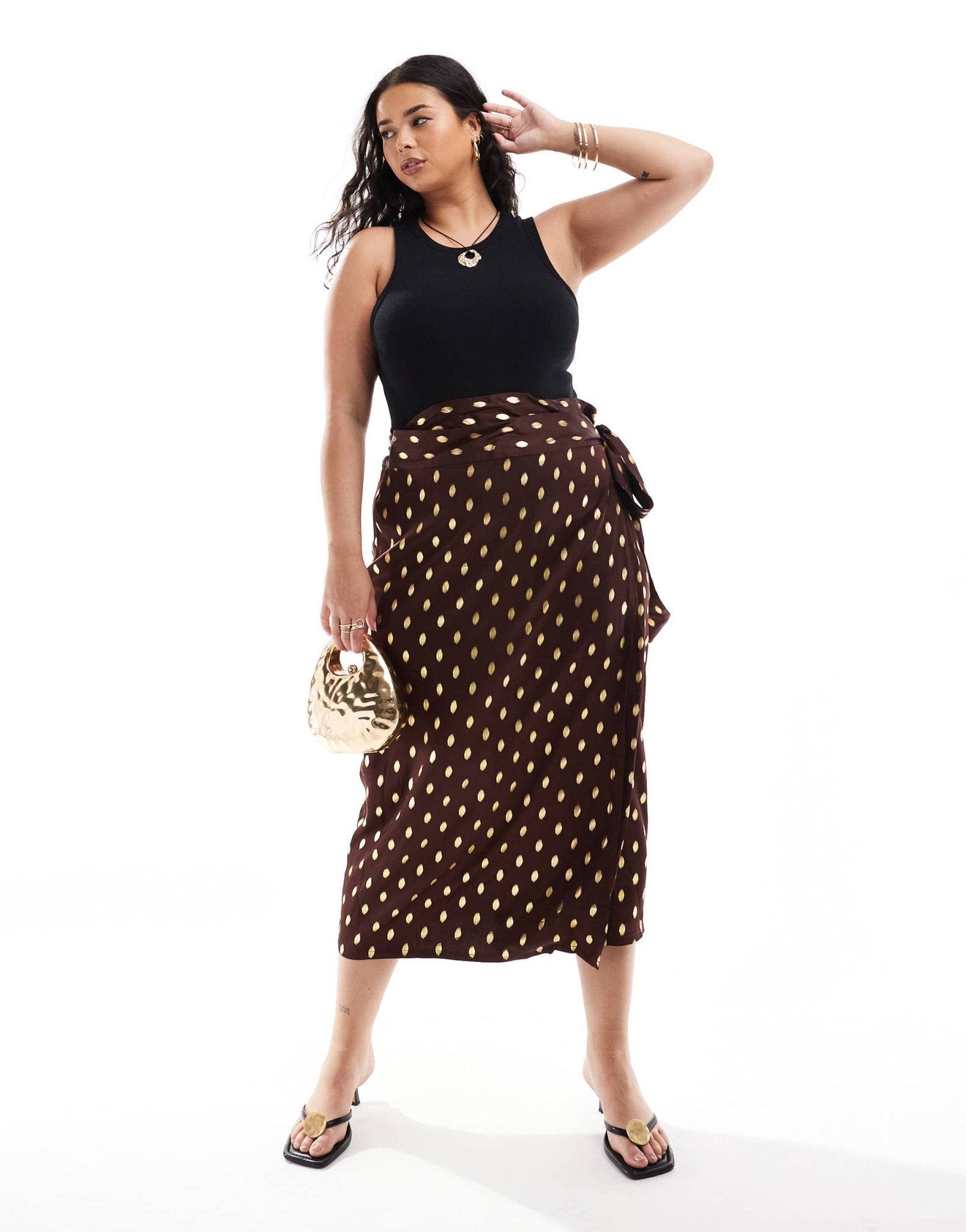 Never Fully Dressed Plus Jaspre gold fleck midi skirt in chocolate - ASOS Sample Sale EU Store