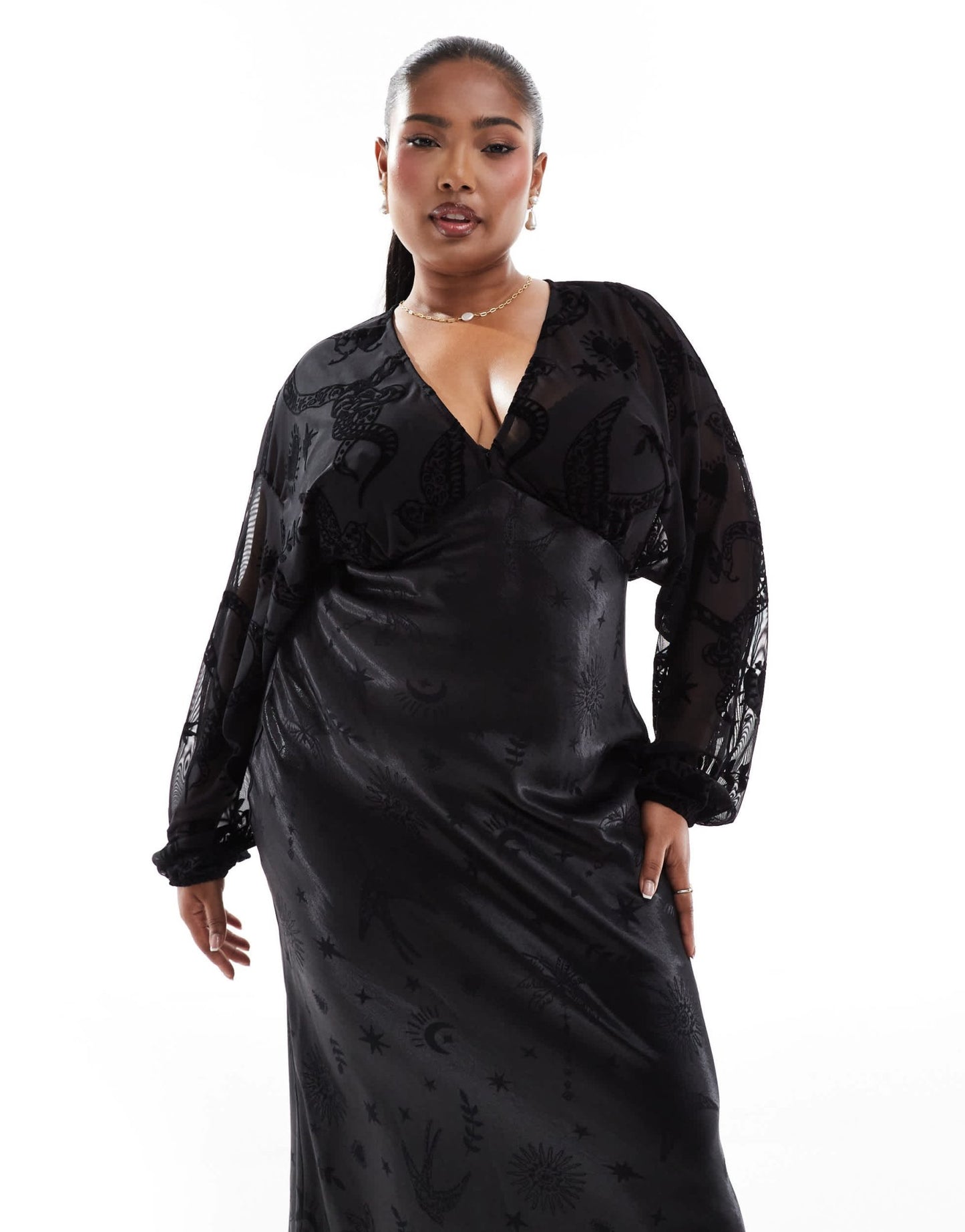 Never Fully Dressed Plus sheer sleeve contrast satin maxi dress in black - ASOS Sample Sale EU Store
