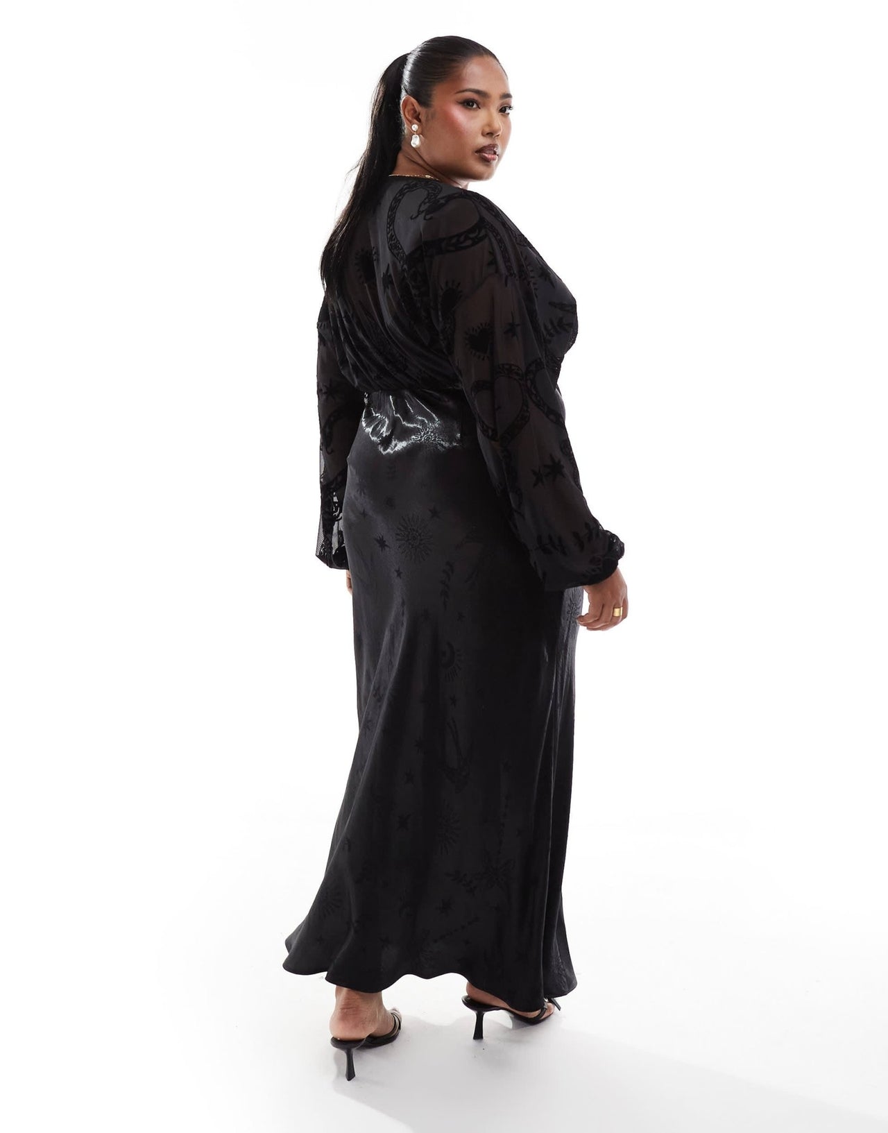 Never Fully Dressed Plus sheer sleeve contrast satin maxi dress in black - ASOS Sample Sale EU Store