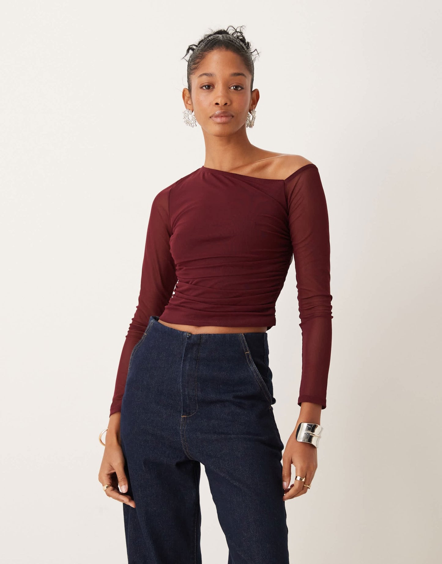 New Look asymmetric long sleeve mesh top in burgundy - ASOS Sample Sale EU Store